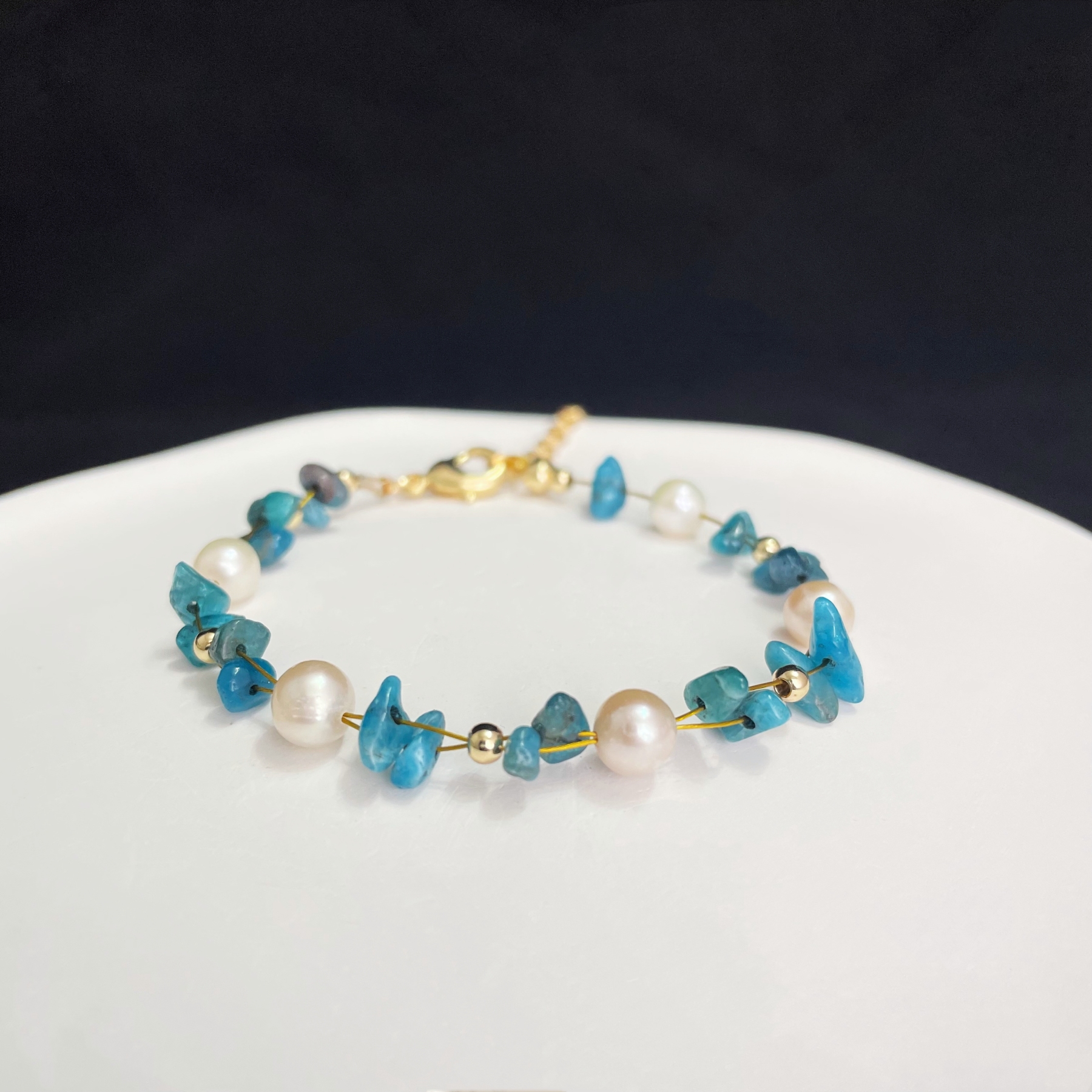  Woven Blue Apatite Raw Stone and Pearls Bracelet