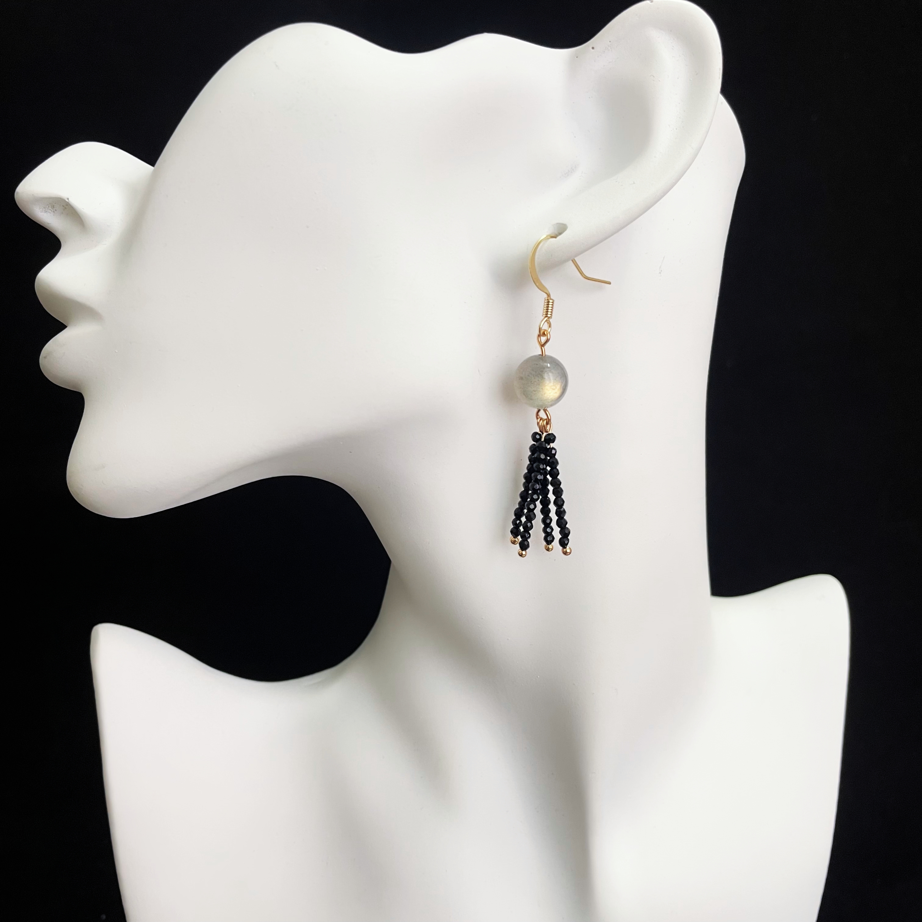 Radiant Labradorite Earrings with Black Spinel Tassels