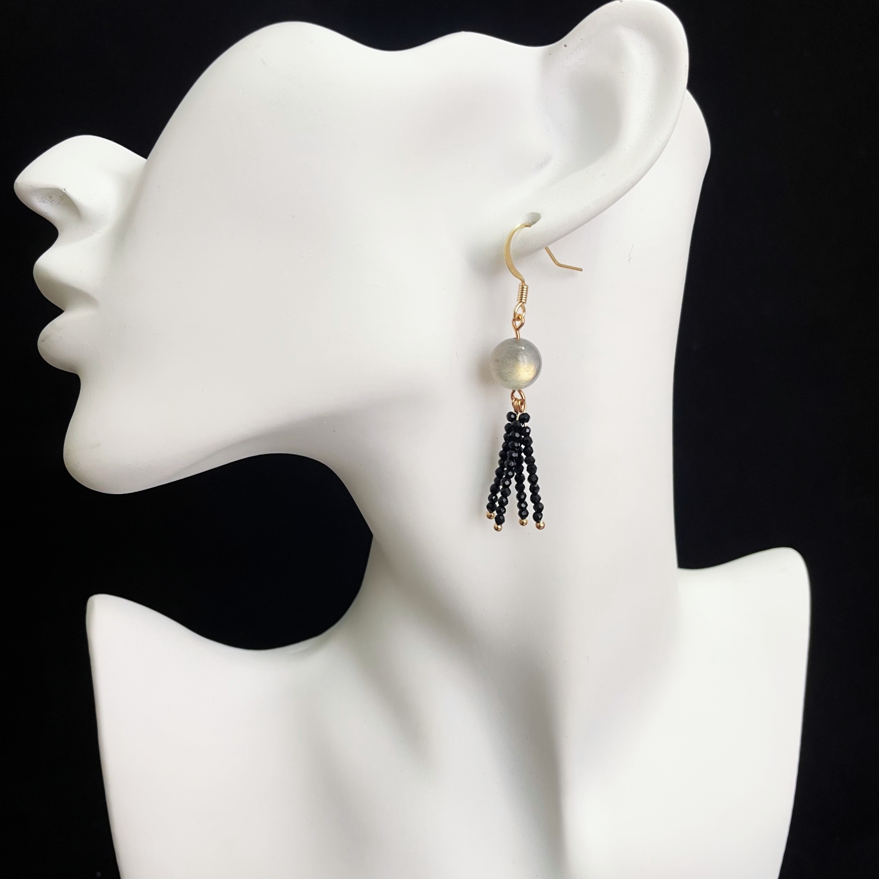 Radiant Labradorite Earrings with Black Spinel Tassels