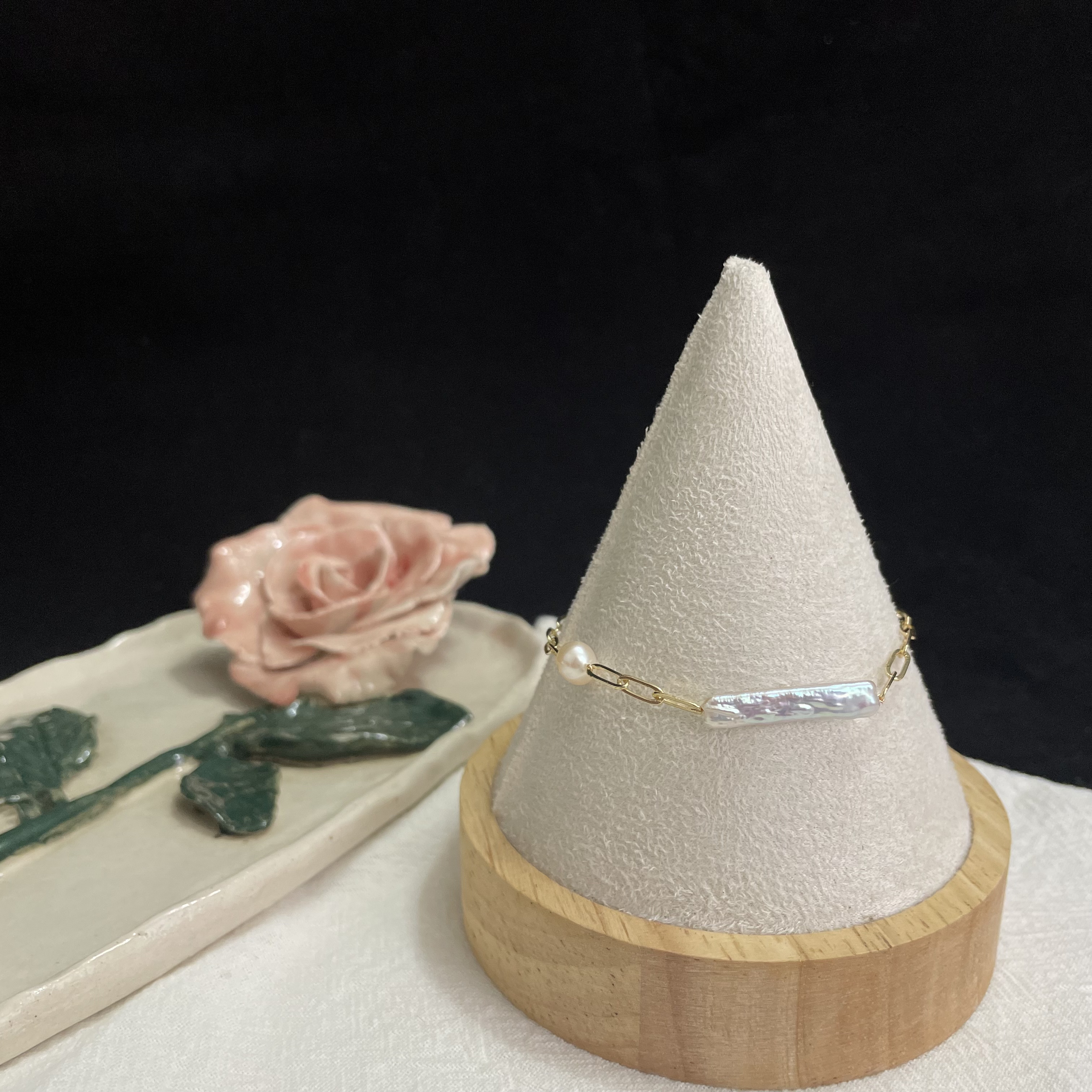 Baroque Pearl Bar Square Chain Bracelet