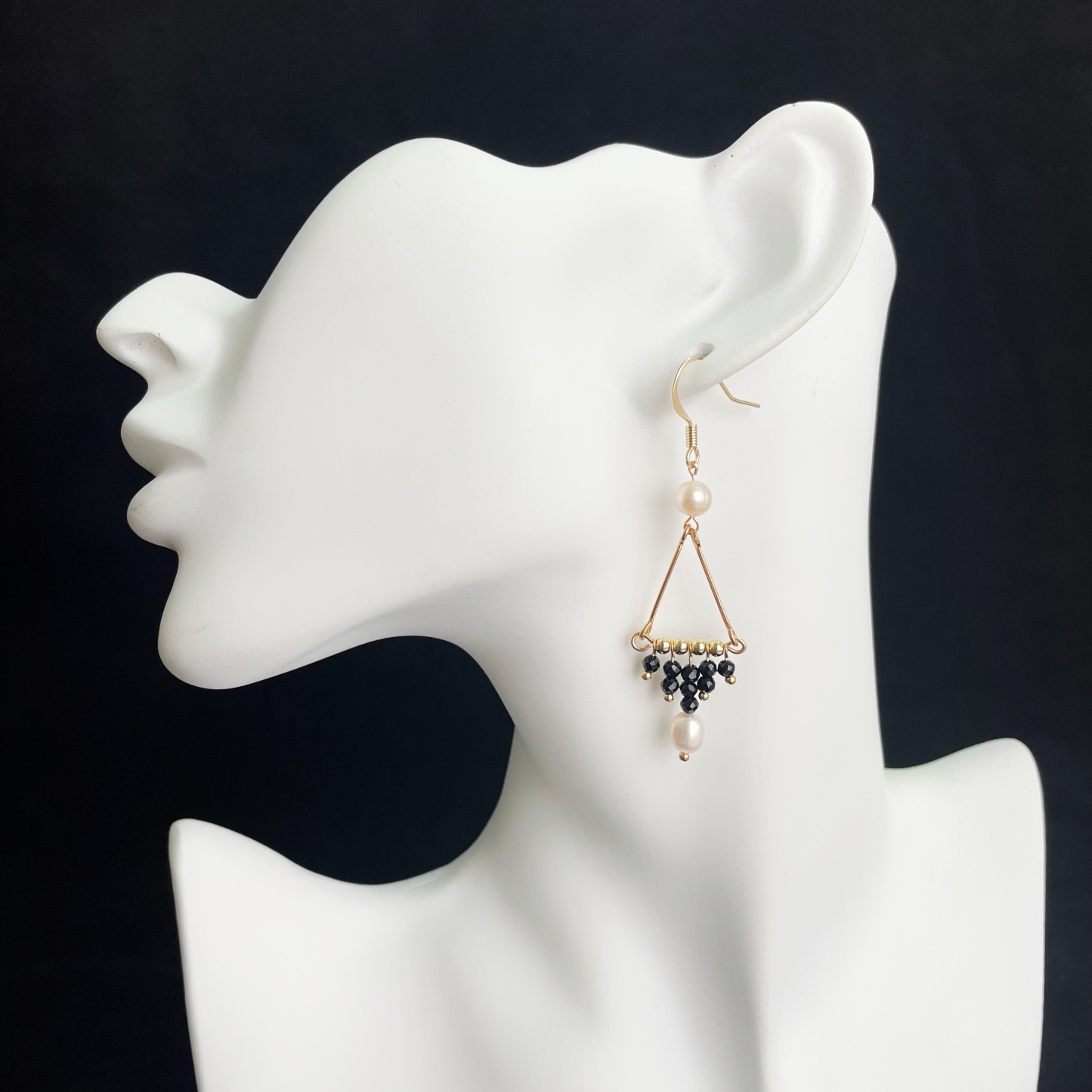 Chic Triangle Black Spinel with Freshwater Pearls Tassels Earrings