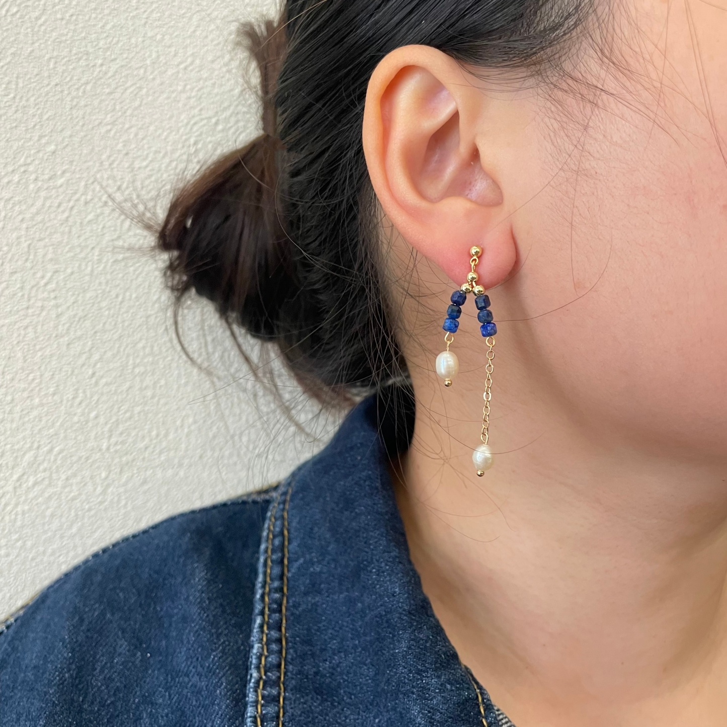Lapis Lazuli and Freshwater Pearl asymmetric Drop Earrings
