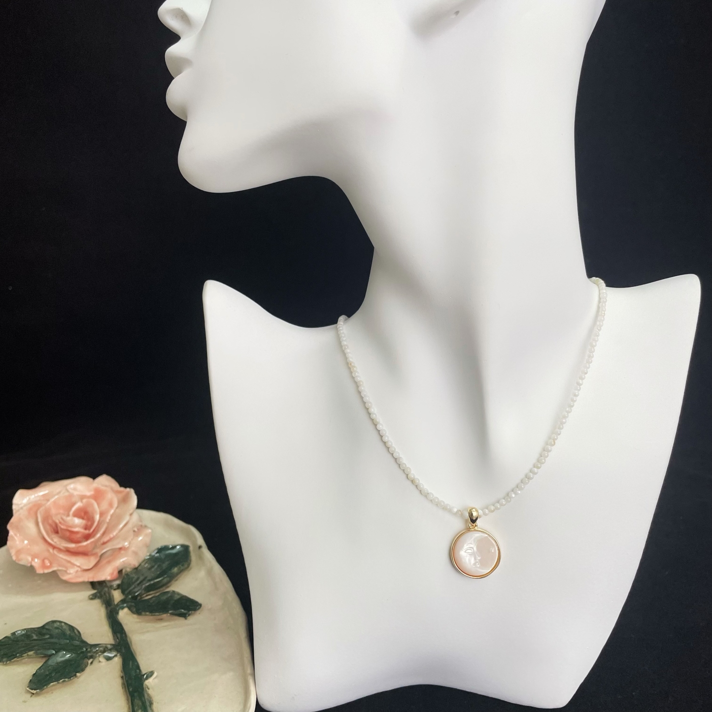 Celestial Elegance Beads Necklace with Mother-of-Pearl Moon Pendant