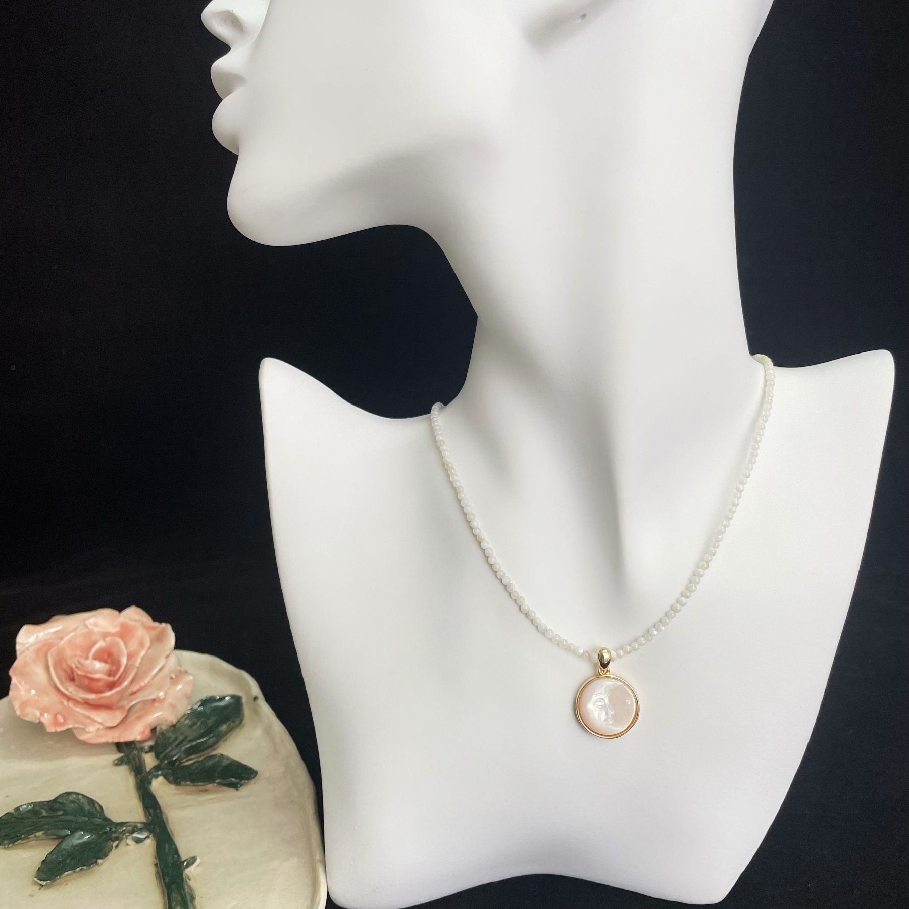 Celestial Elegance Beads Necklace with Mother-of-Pearl Moon Pendant