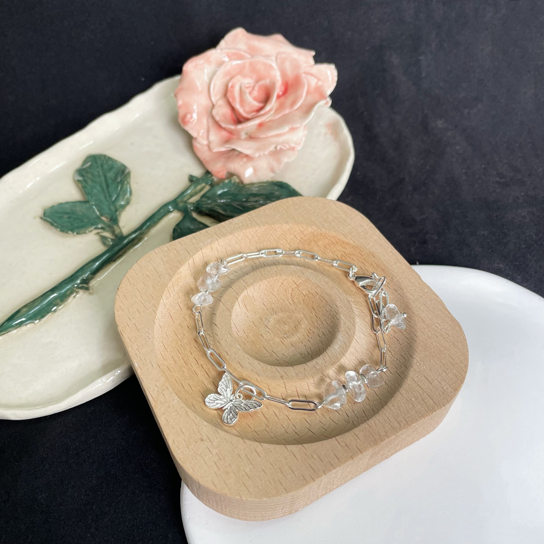 Clear Quartz Silver Butterfly Bracelet