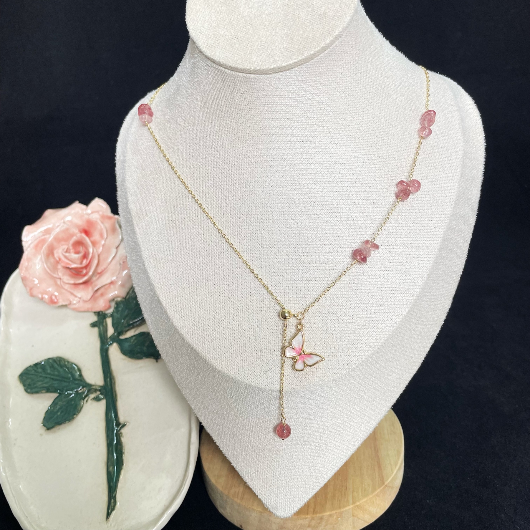 Pink Butterfly Strawberry Quartz Necklace