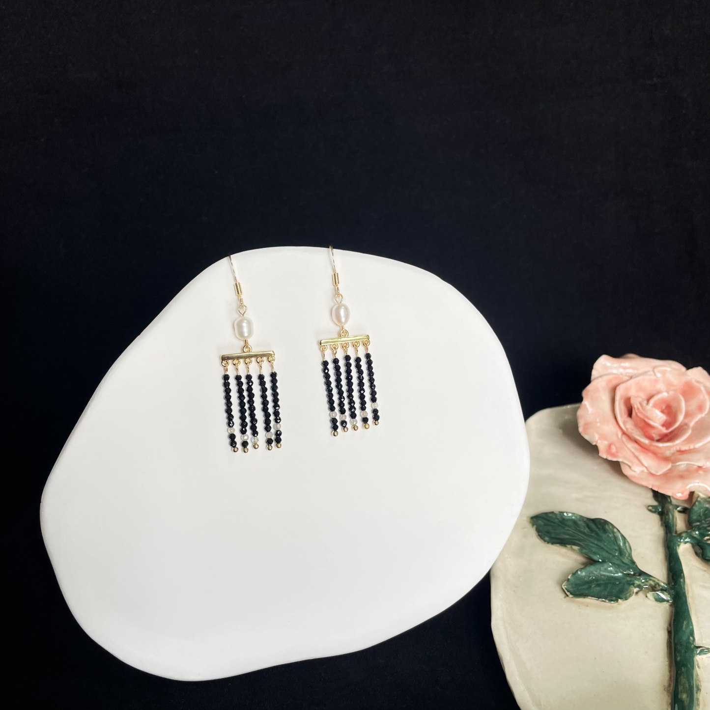 Midnight Elf Tassel Earrings with Black Spinel and Labradorite