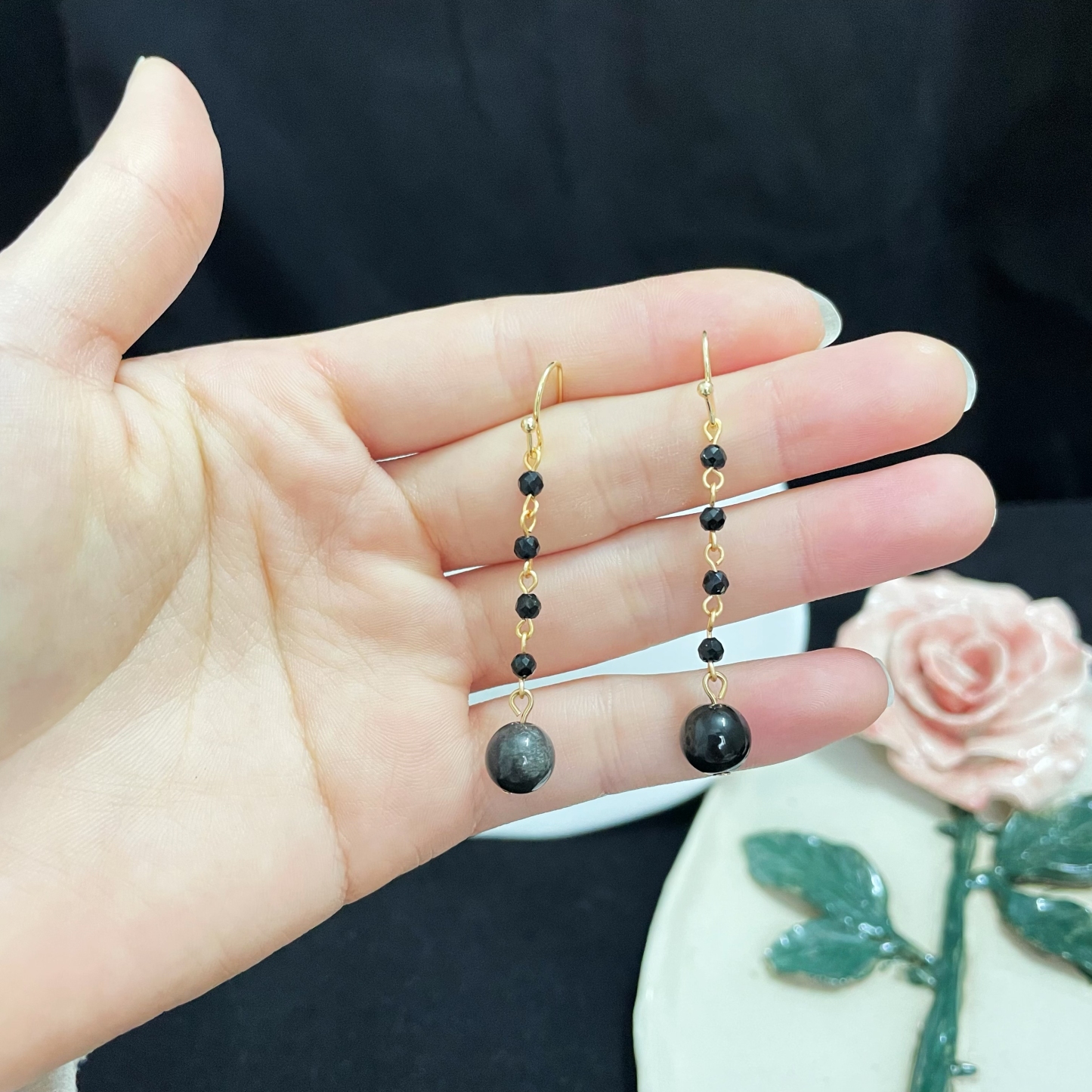 Elegant Black Spinel Chain Earrings with Silver Obsidian