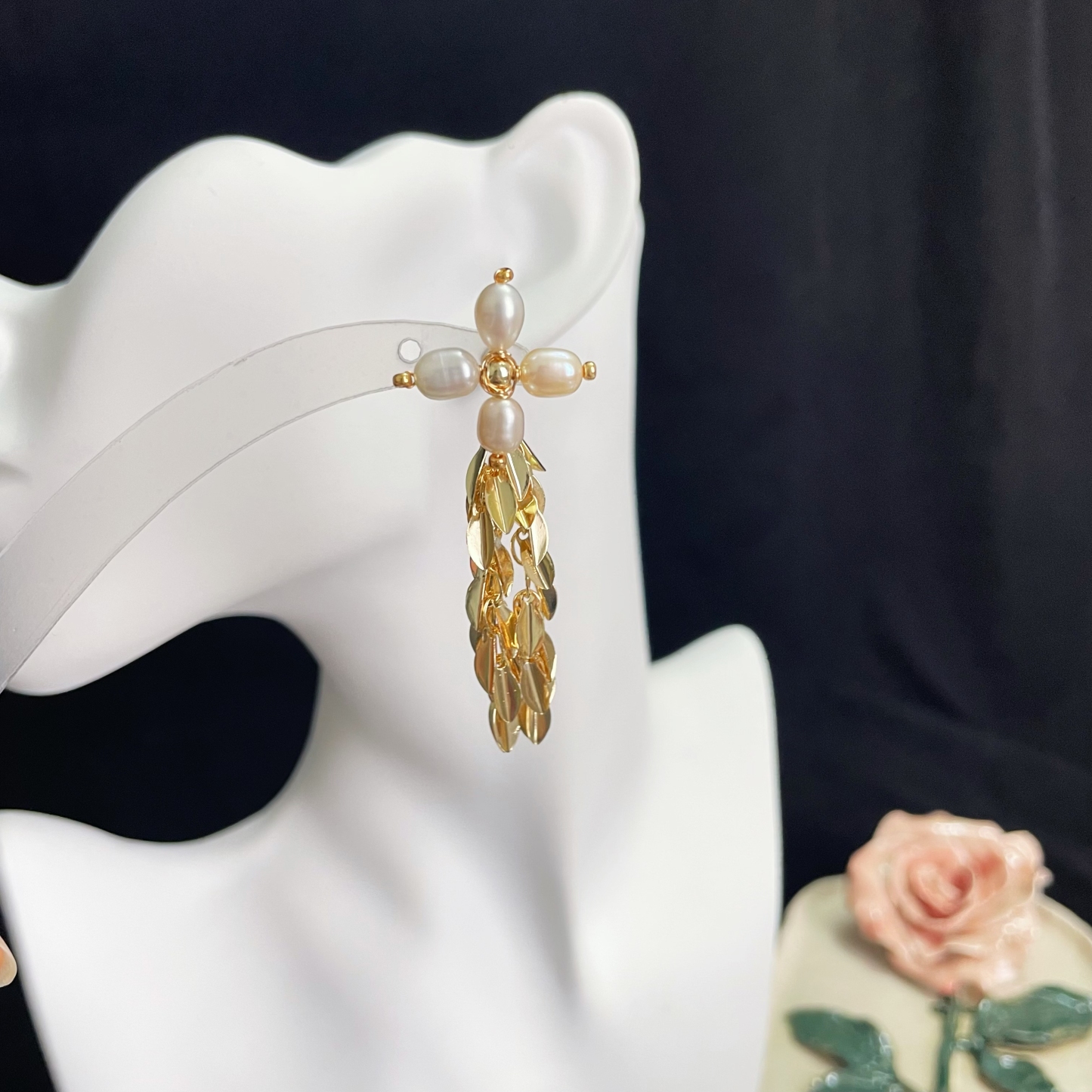 Four-Petaled Pearl Flower with Golden Leaves Tassels Earrings