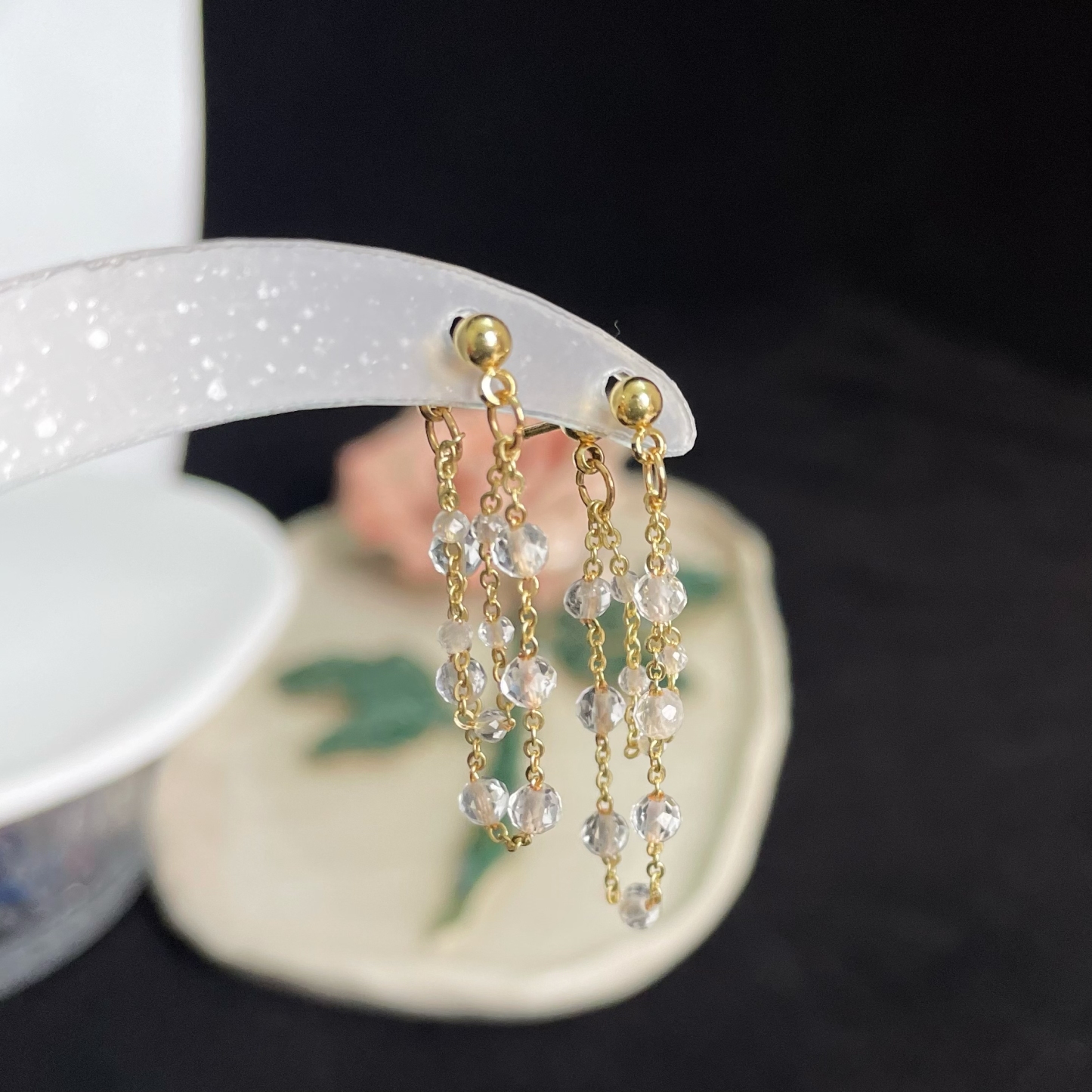 Double Clear Quartz Chains Semi-Hook Earrings