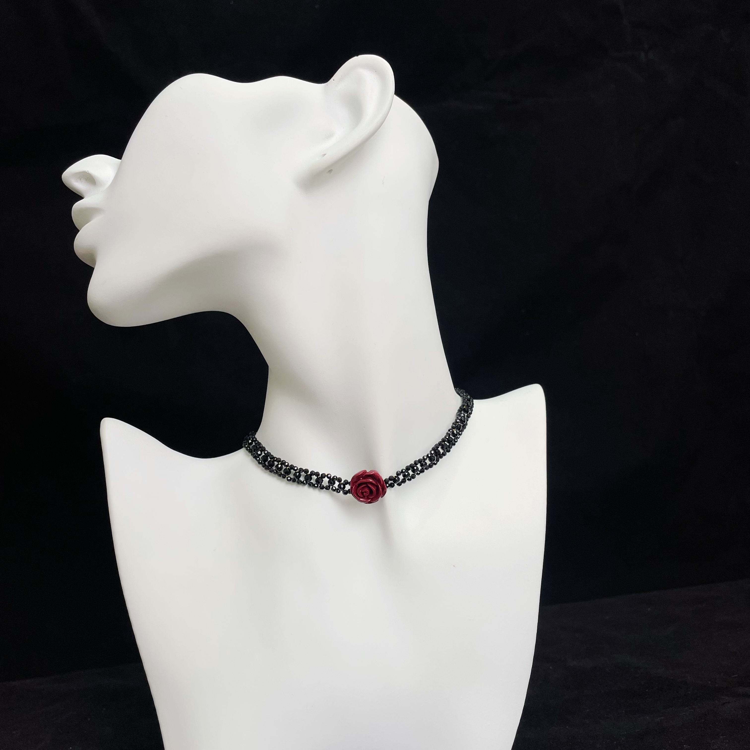 Vermilion Stone Carved Rose Choker with Woven Black Spinels Lace