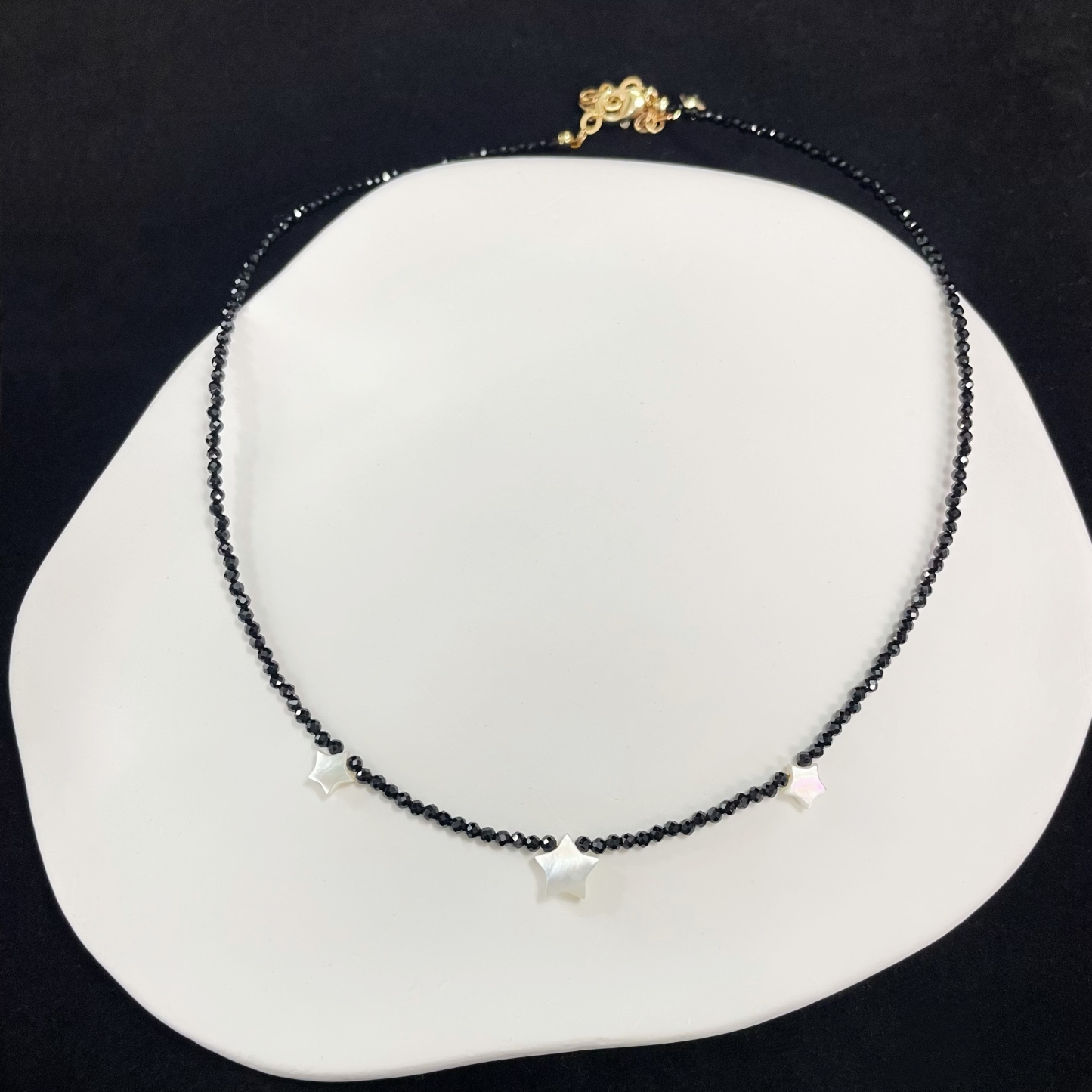 Black Spinel Mini Faceted Beads with Shell Star Necklace