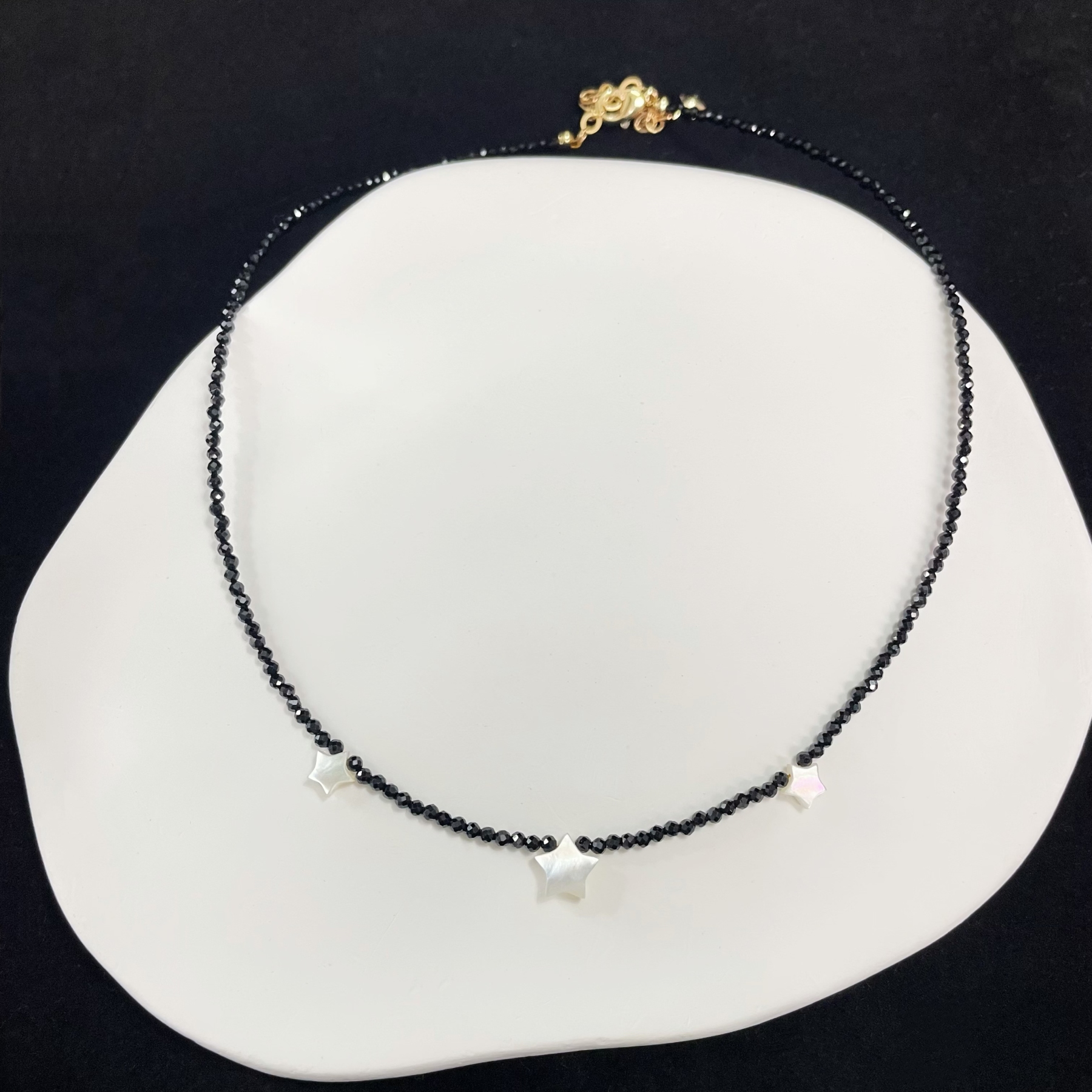 Black Spinel Mini Faceted Beads with Shell Star Necklace