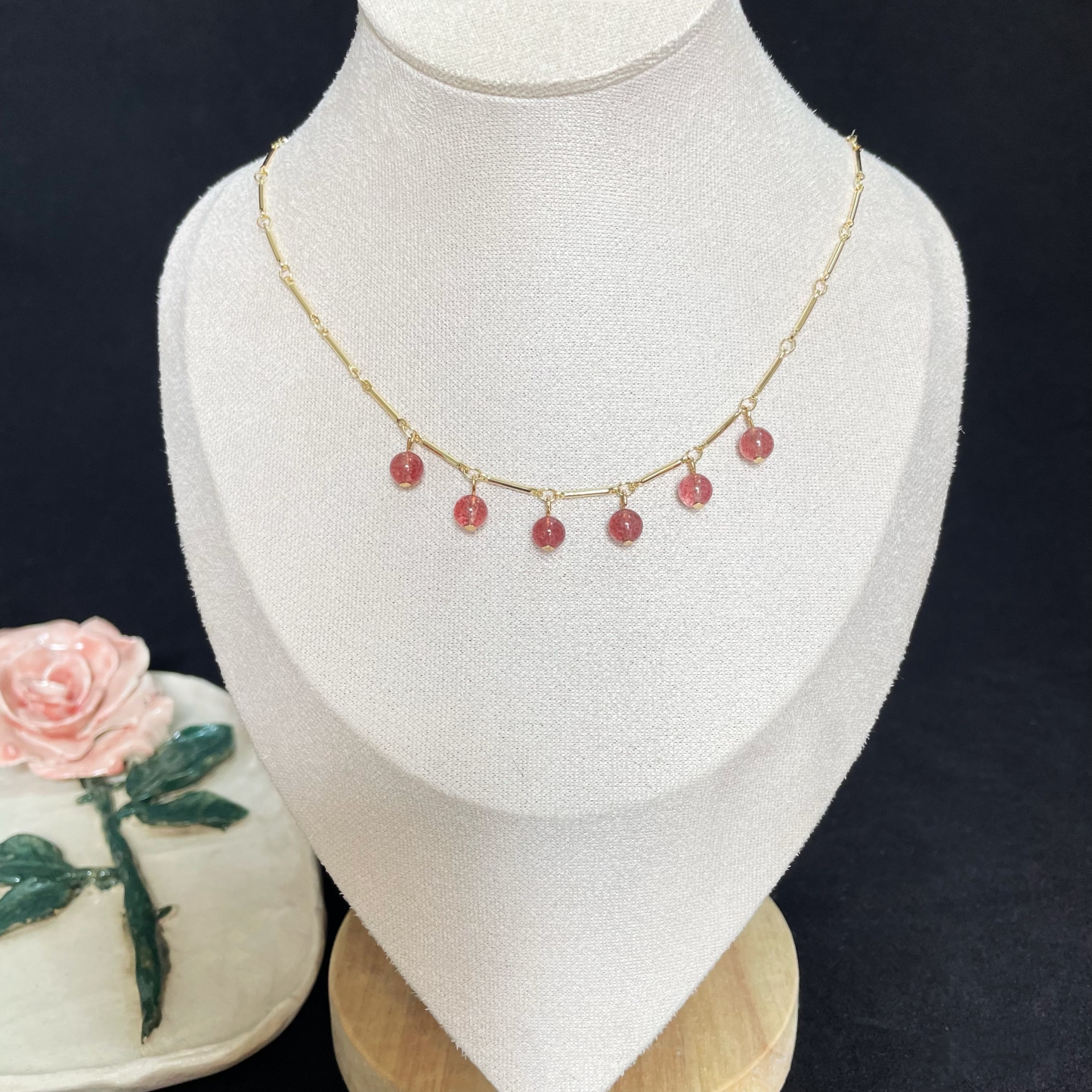 Bamboo Chain Hanging with Six Strawberry Quartz Round Beads Necklace