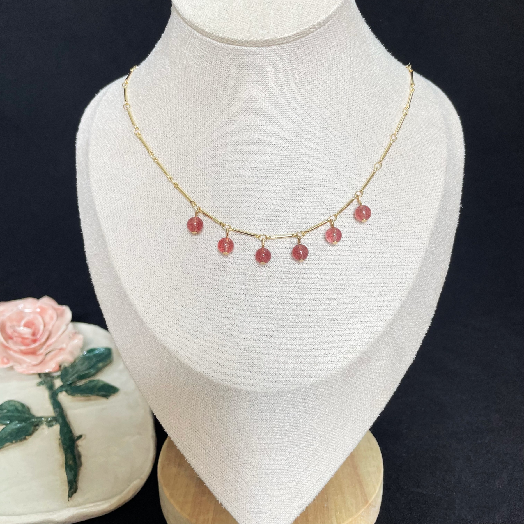 Bamboo Chain Hanging with Six Strawberry Quartz Round Beads Necklace