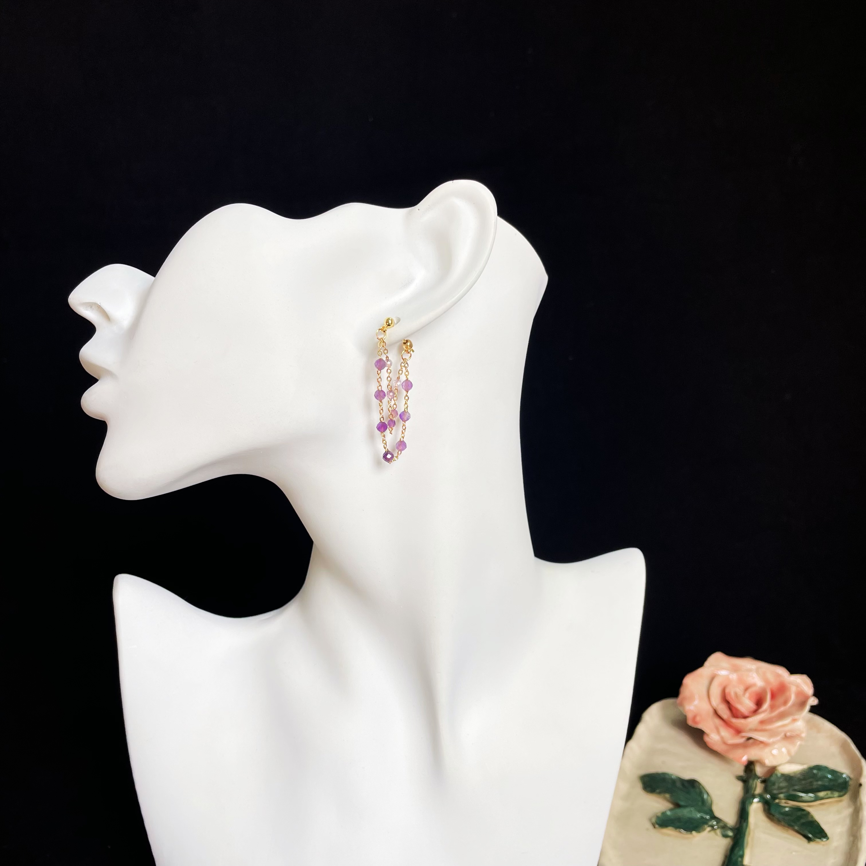 Double Amethyst Chains Semi-Hook Earrings