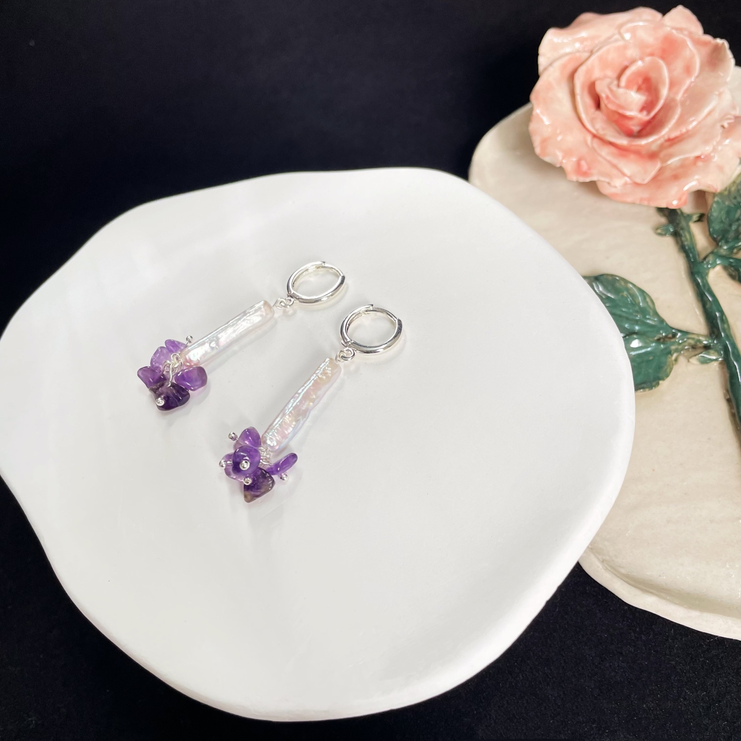 Amethyst Raw Stone Flower with Baroque Pearl Earrings