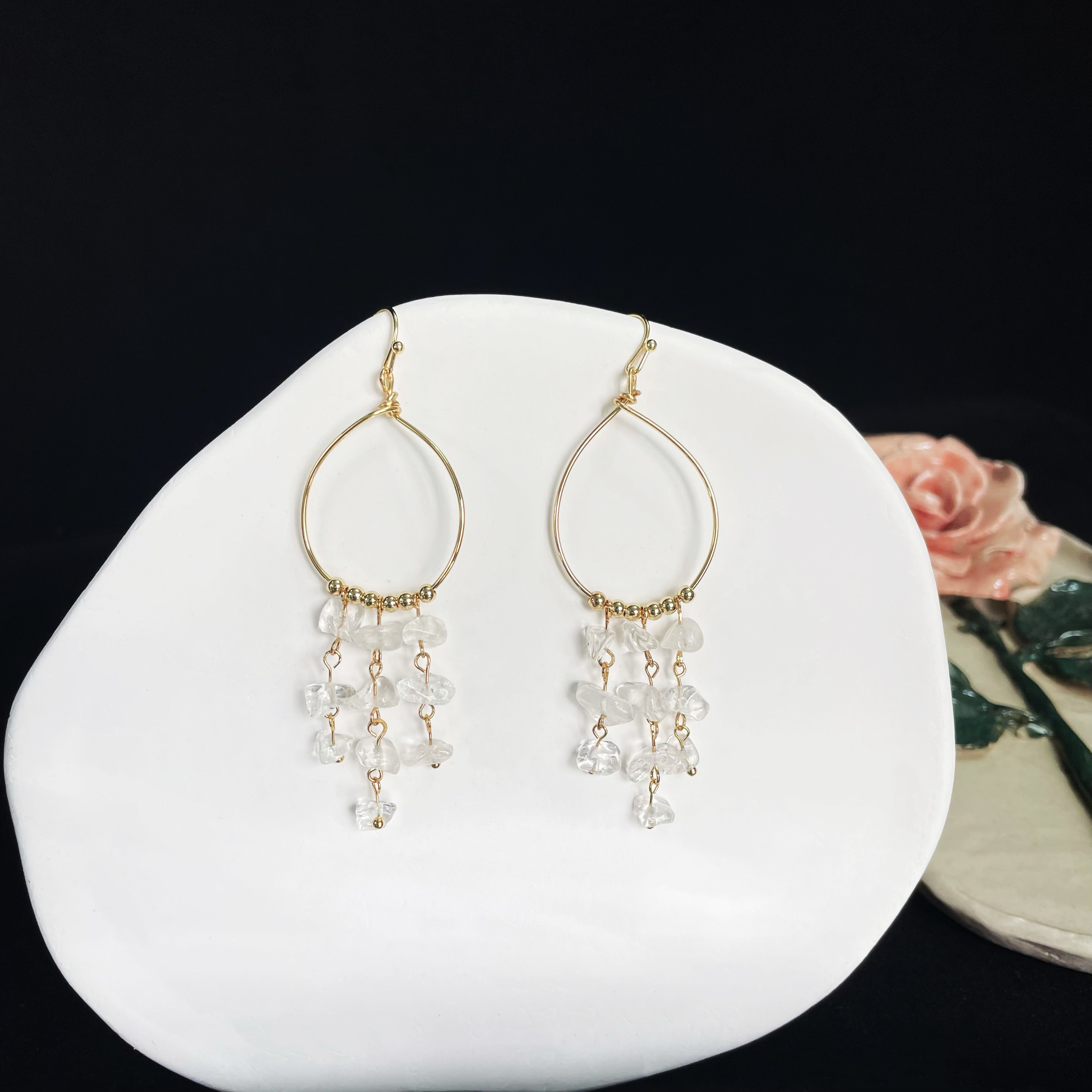 Raindrop Circle Clear Quartz Tassel Earrings