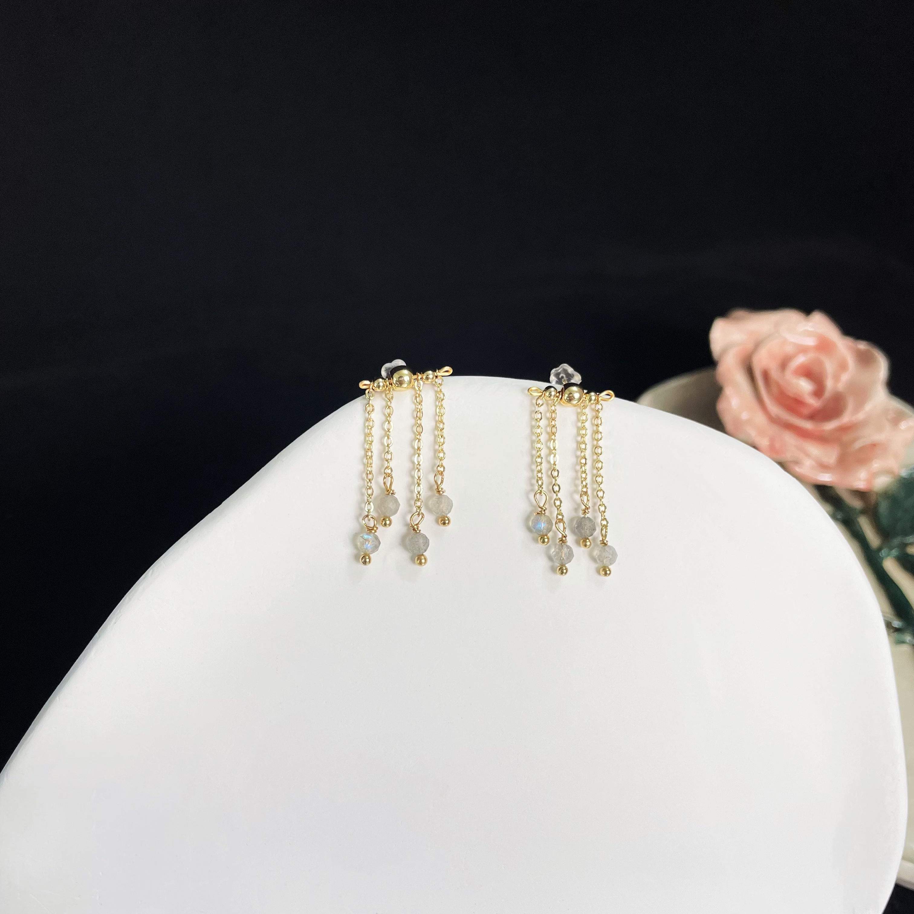 Cross-Bar with Labradorite Chain Tassels Earrings