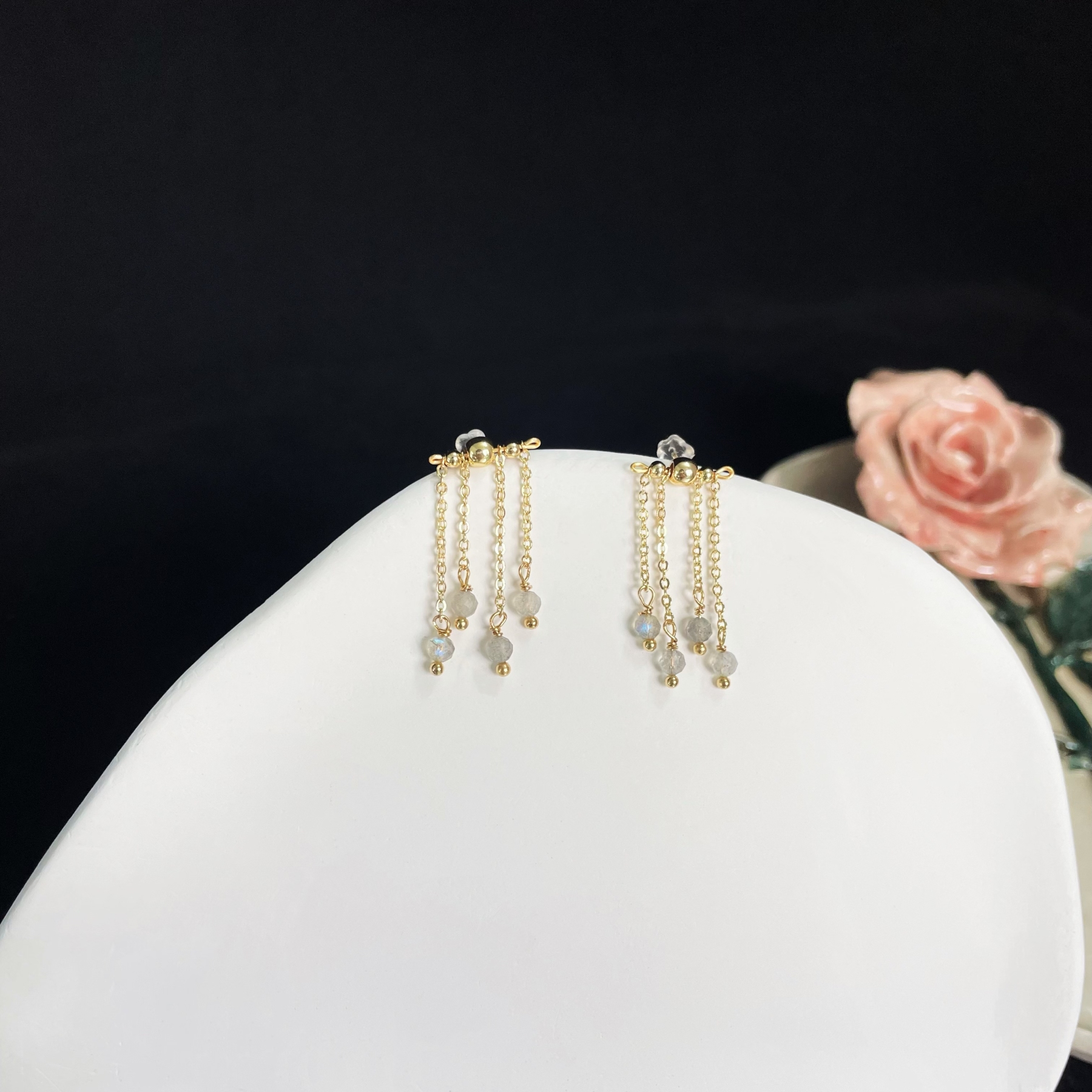 Cross-Bar with Labradorite Chain Tassels Earrings