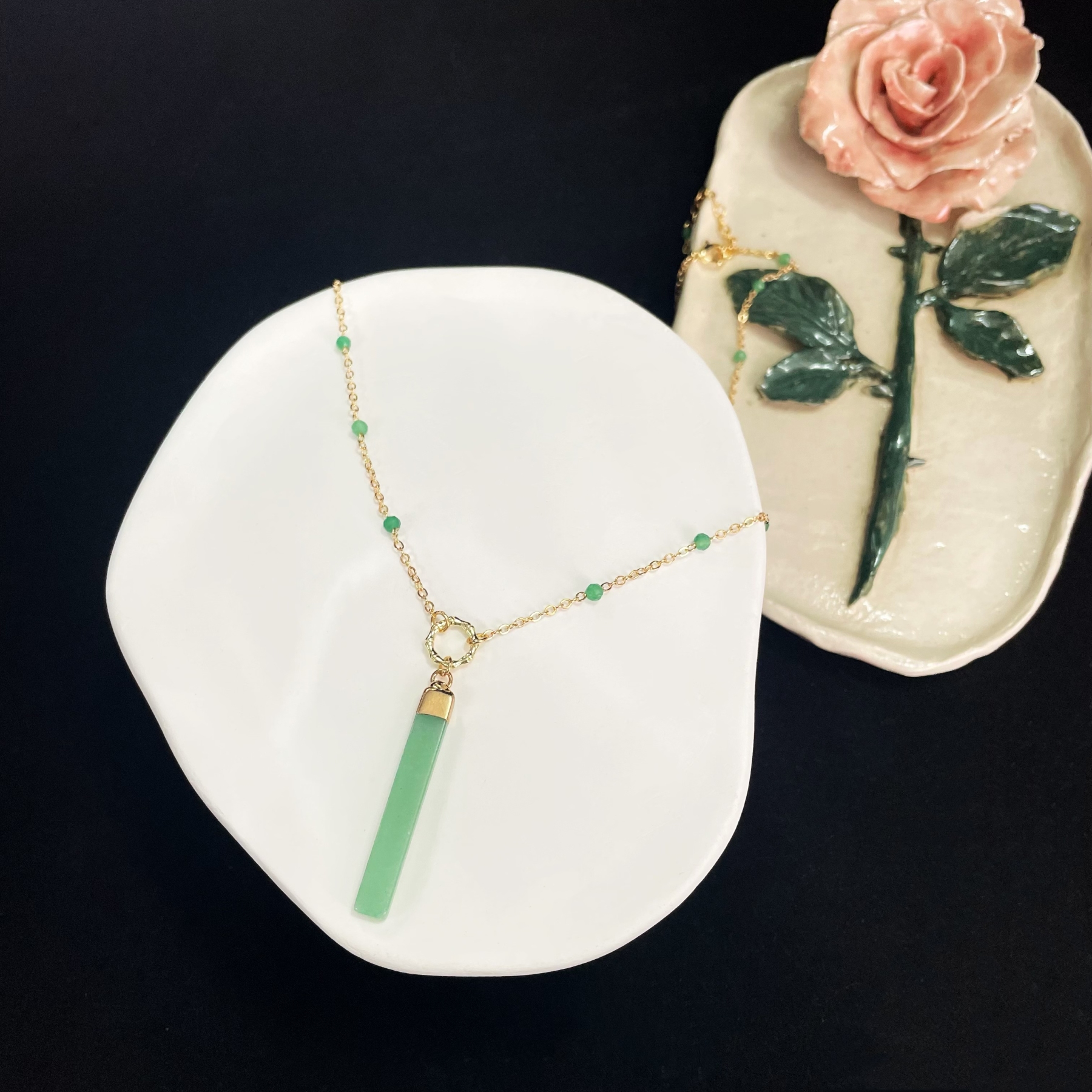 Aventurine Beads Chain Necklace with Long Rectangular Strip Pendant