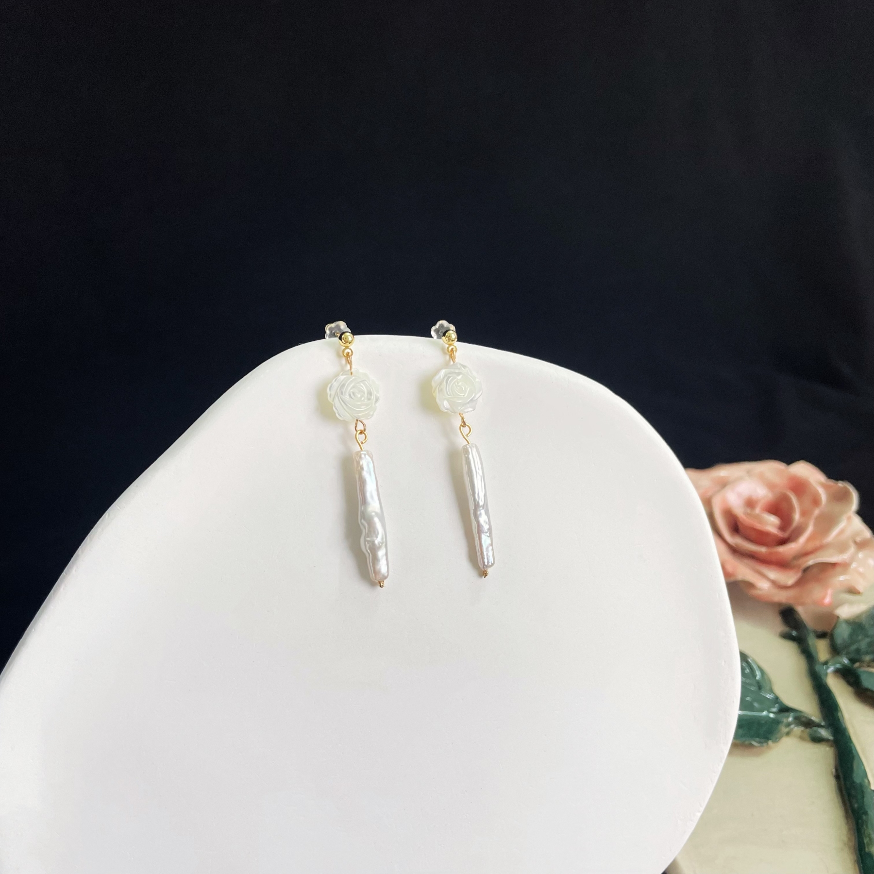 White Rose Earrings with Baroque Freshwater Pearl Branch