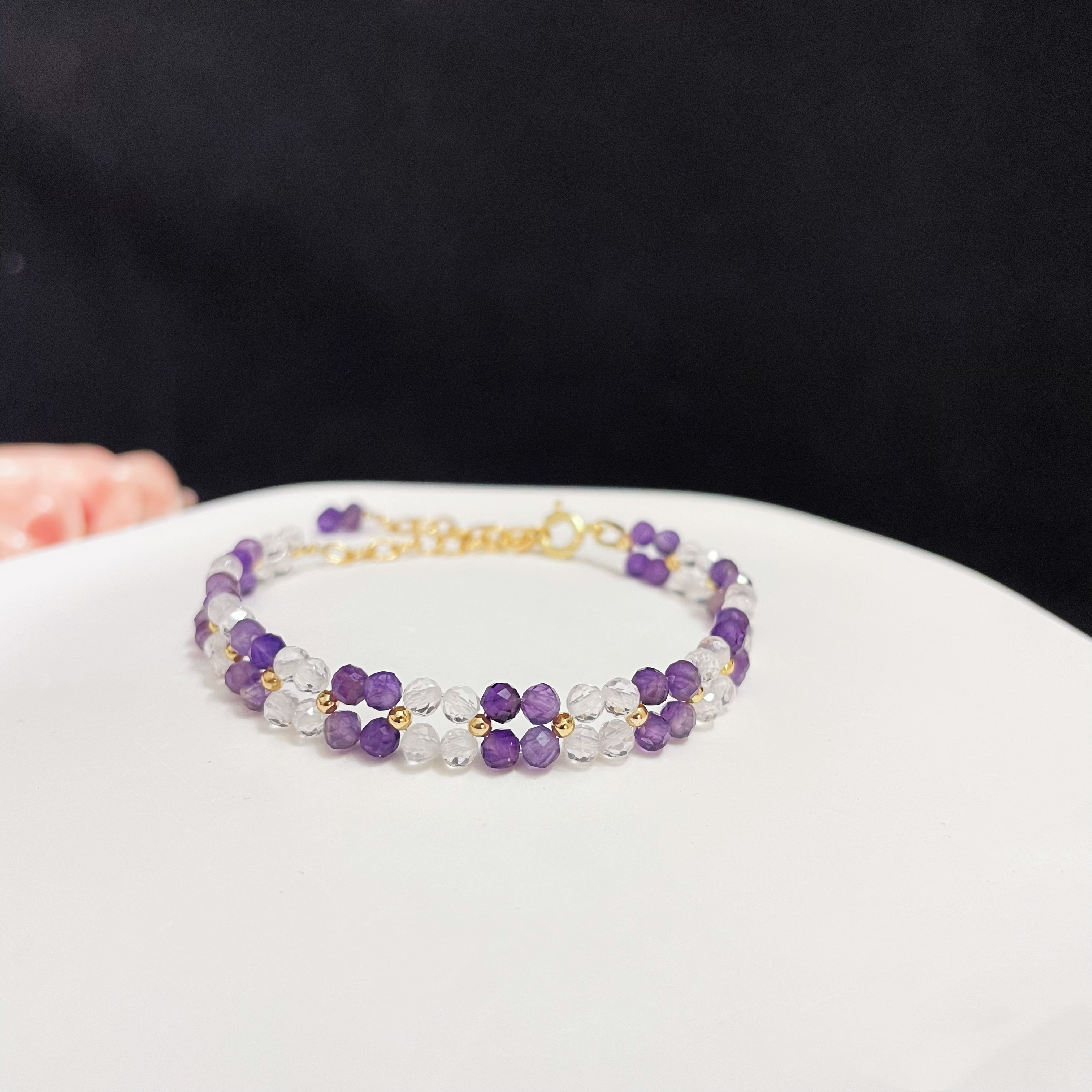Double-Layer Woven Amethyst and Clear Quartz Faced Beads Bracelet