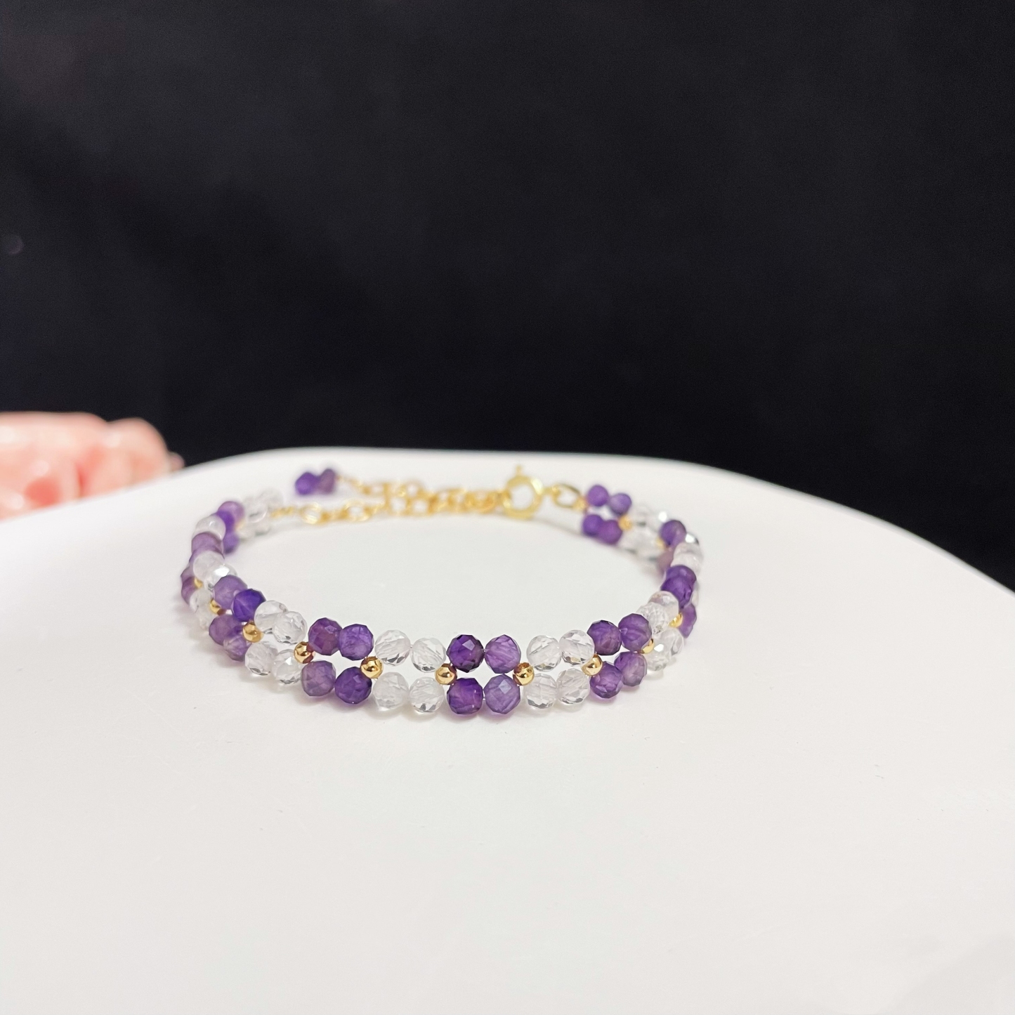Double-Layer Woven Amethyst and Clear Quartz Faced Beads Bracelet