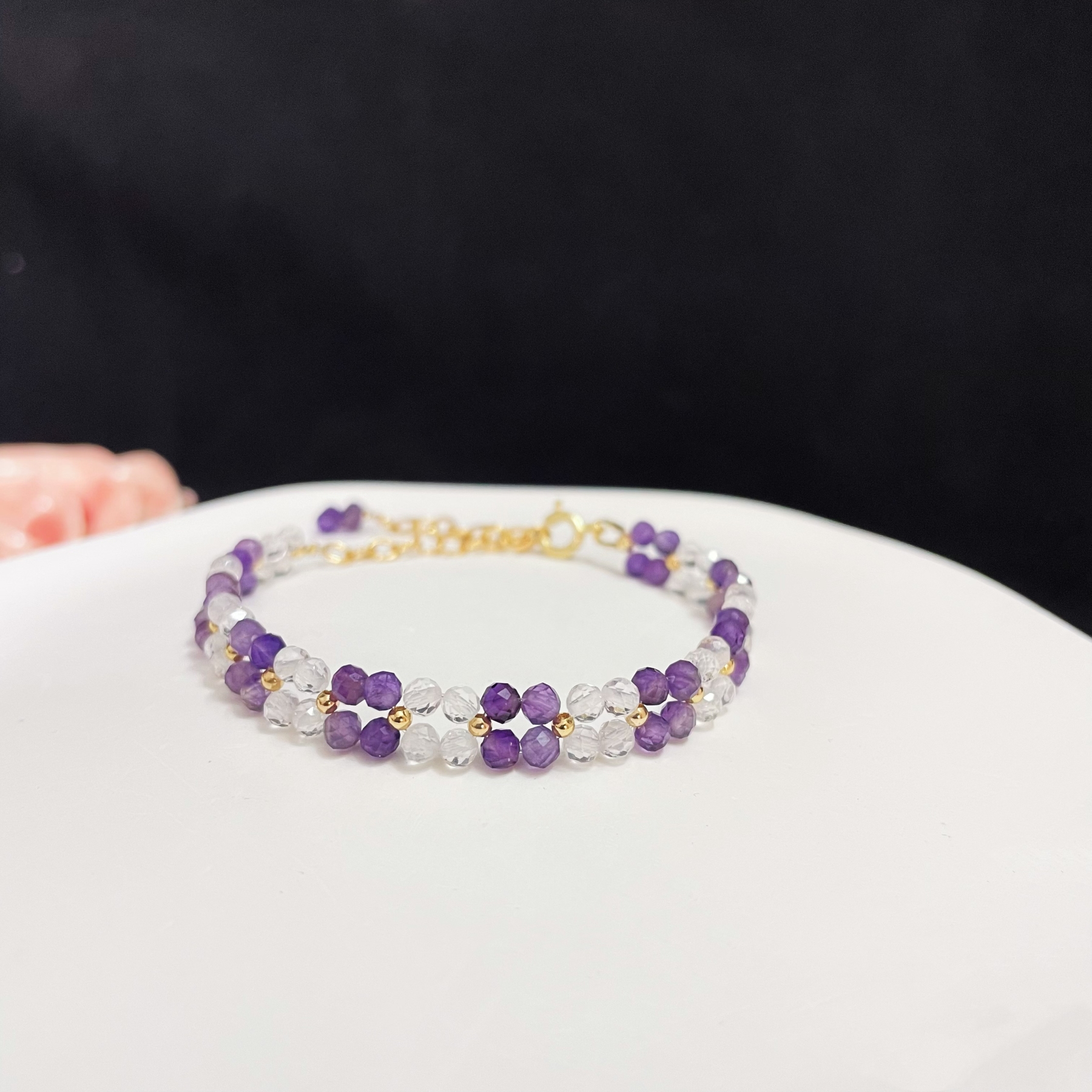 Double-Layer Woven Amethyst and Clear Quartz Faced Beads Bracelet