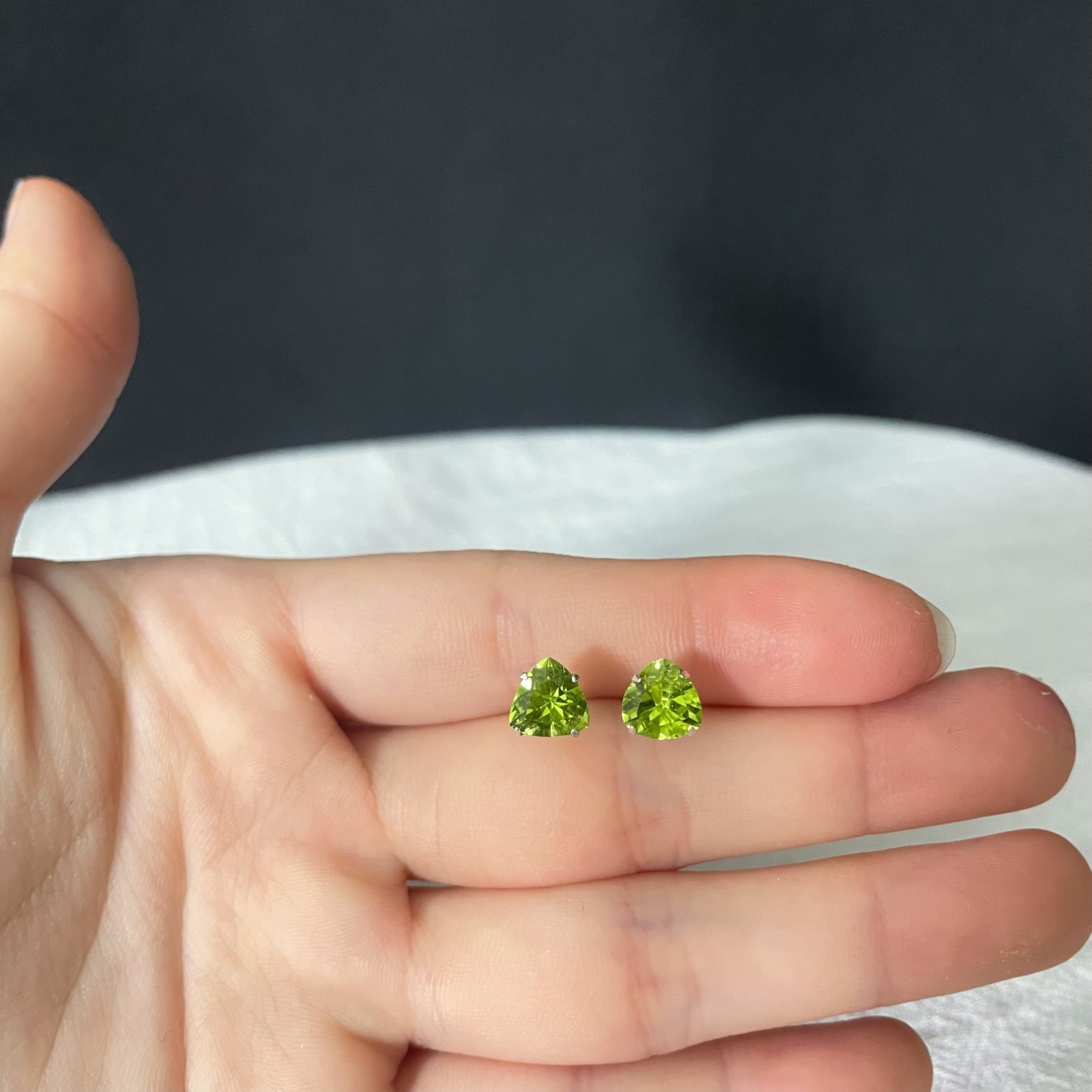 7mm Fat Triangle Peridot Ear Studs  Vibrant Elegance for Every Occasion