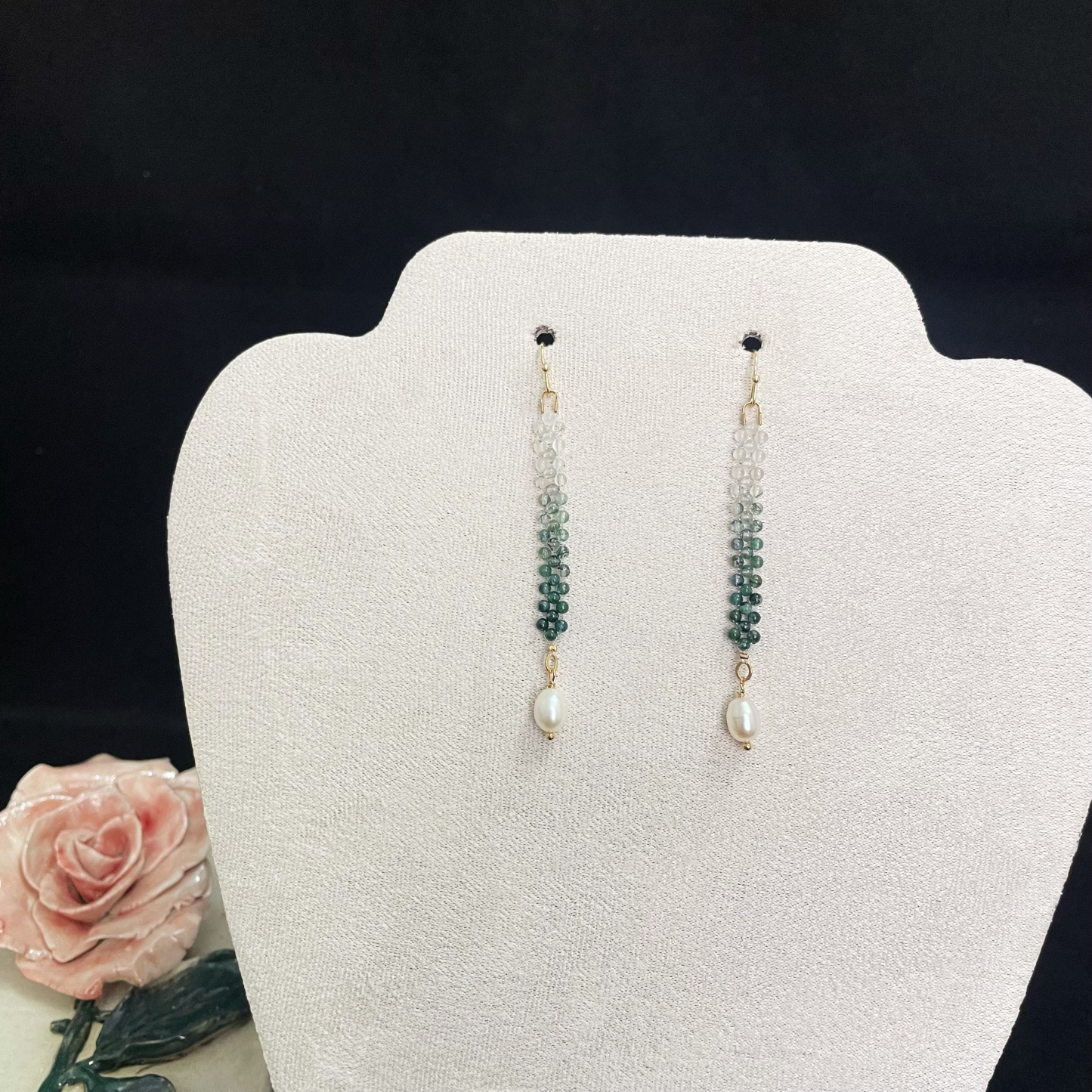 Woven Moss Agate and Pearl Drop Earrings