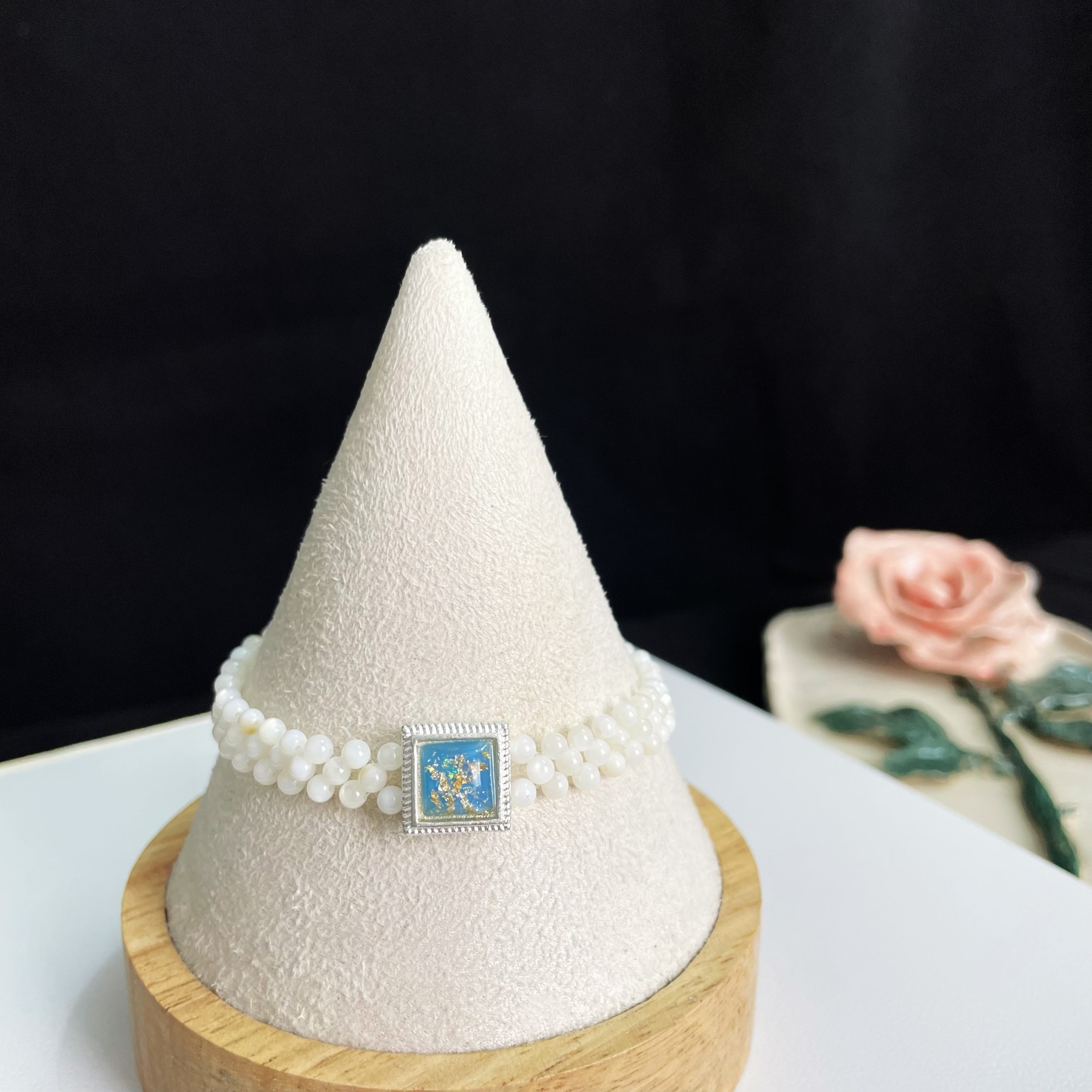 Handcrafted Woven Mother-of-Pearl Beads Bracelet with Blue Square Stone Accent