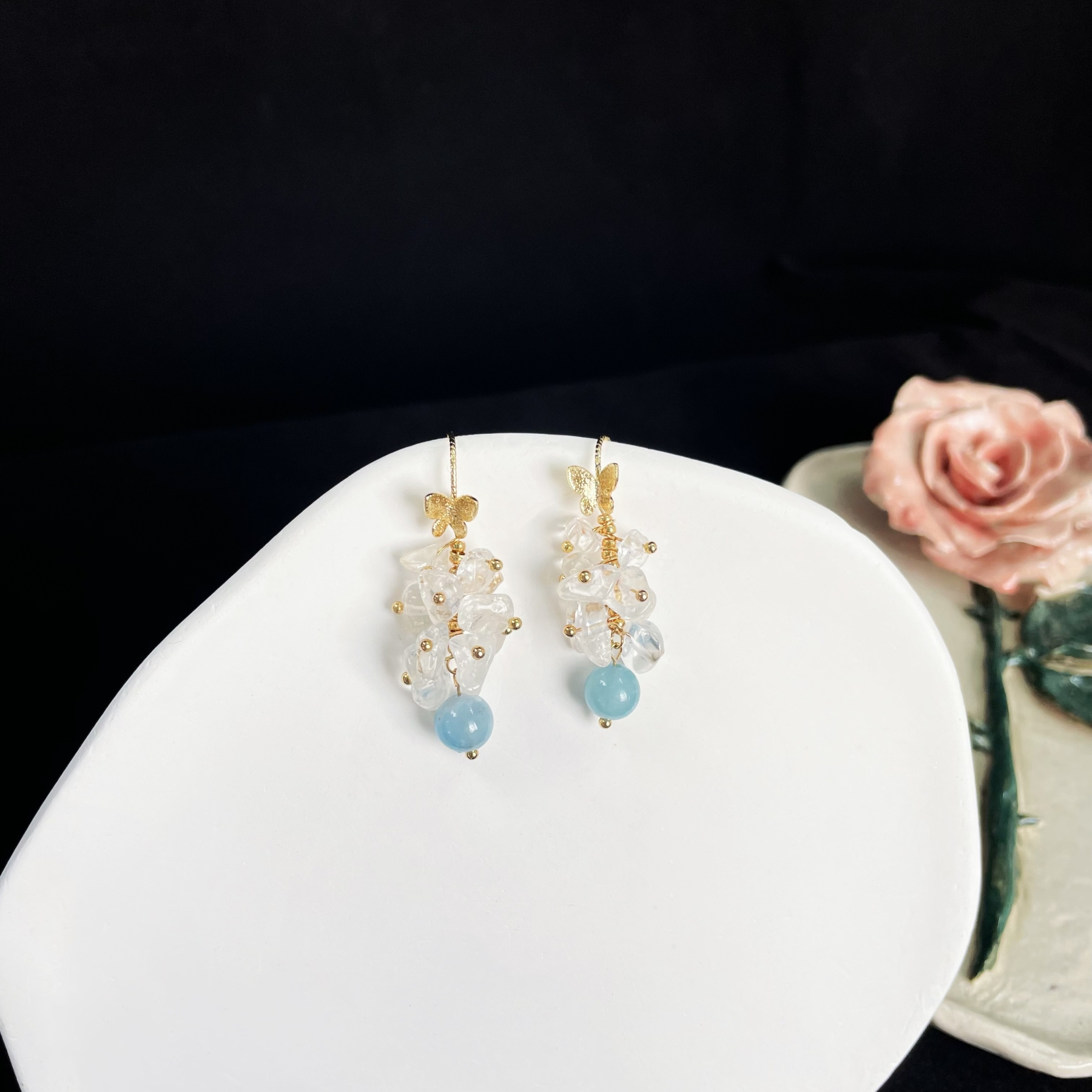 Gold Butterfly Earrings with Clear Quartz Grapes and Aquamarine Accent