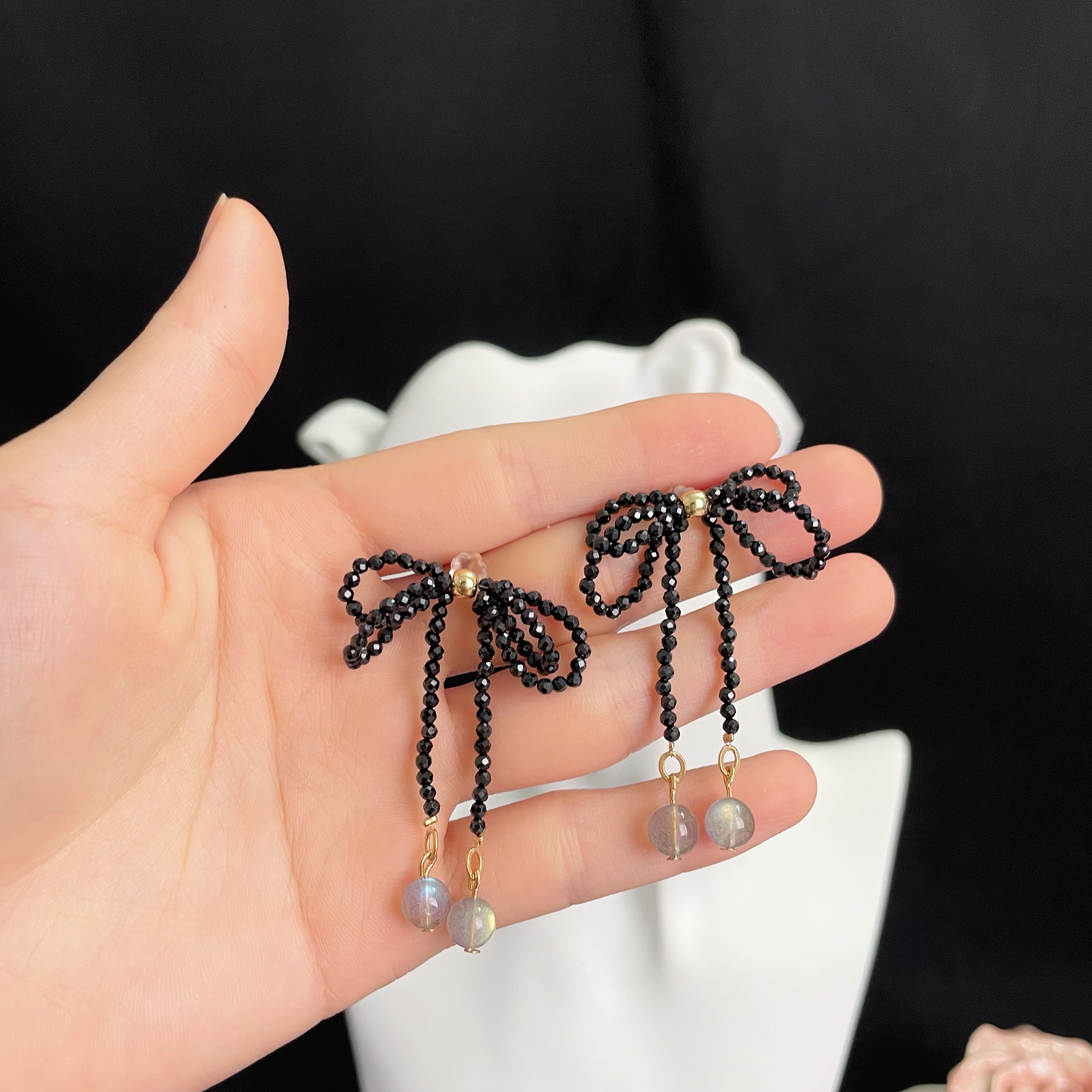 Black Spinel Bowknot Earrings with Labradorite Accent