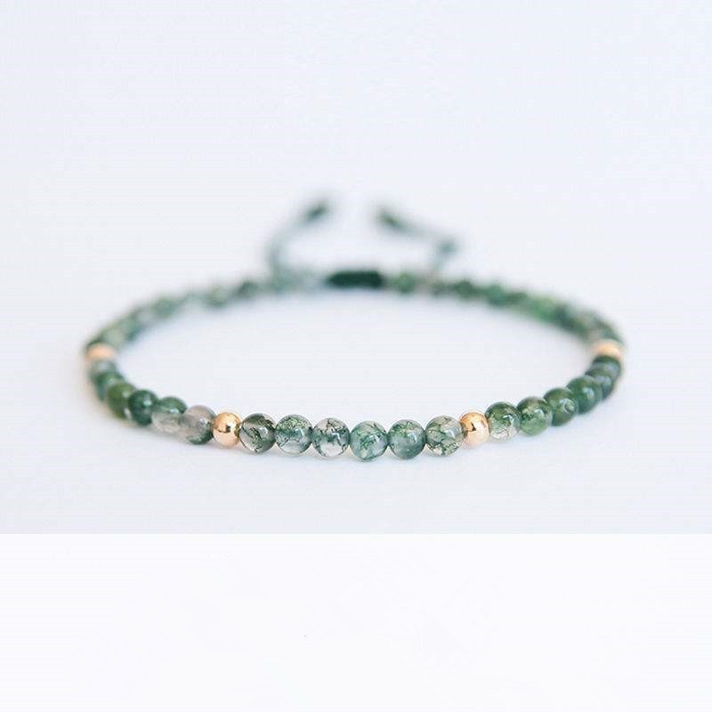 Moss Agate Round Beads Adjustable Woven Rope Bracelet