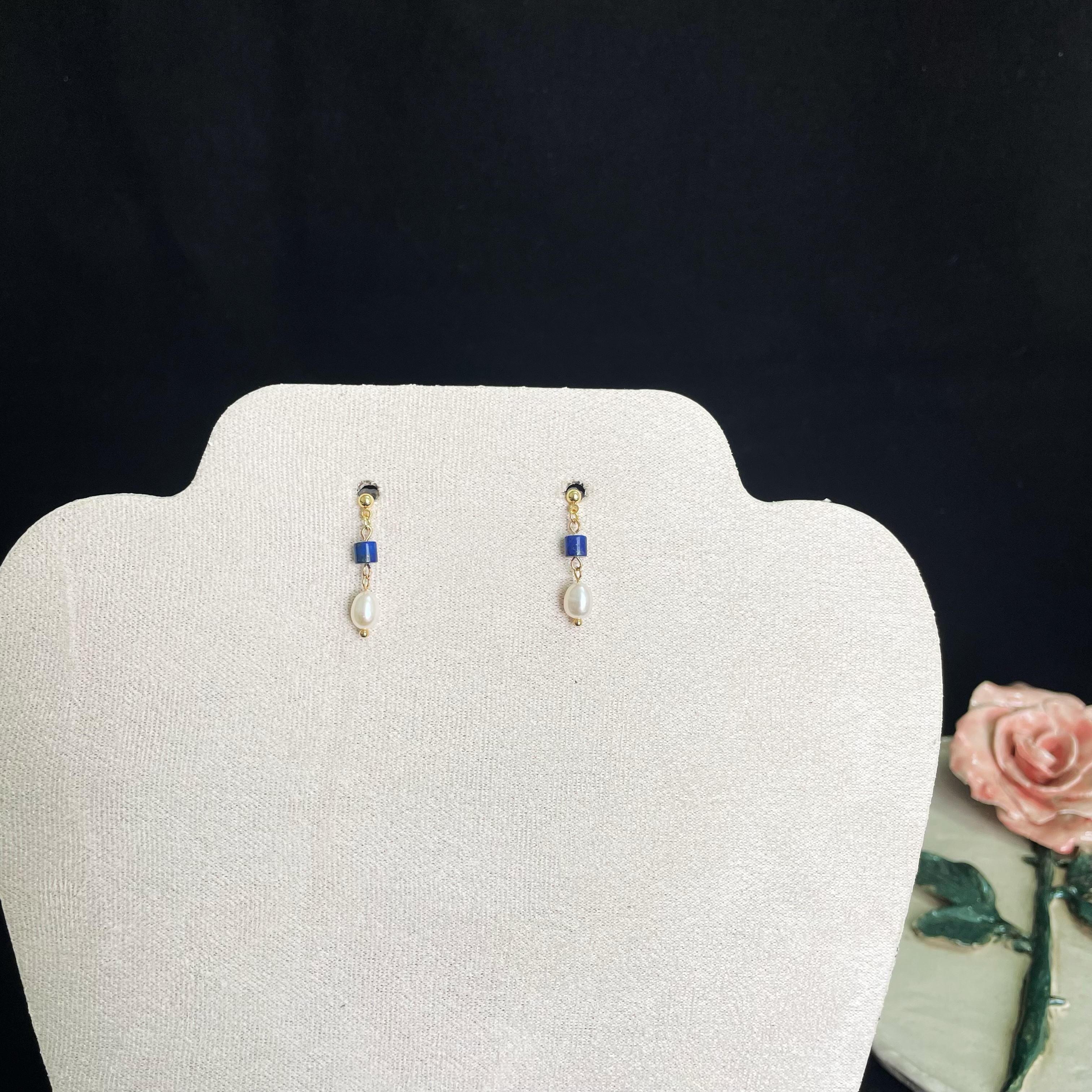 Minimalist Lapis Lazuli and Pearl Earrings