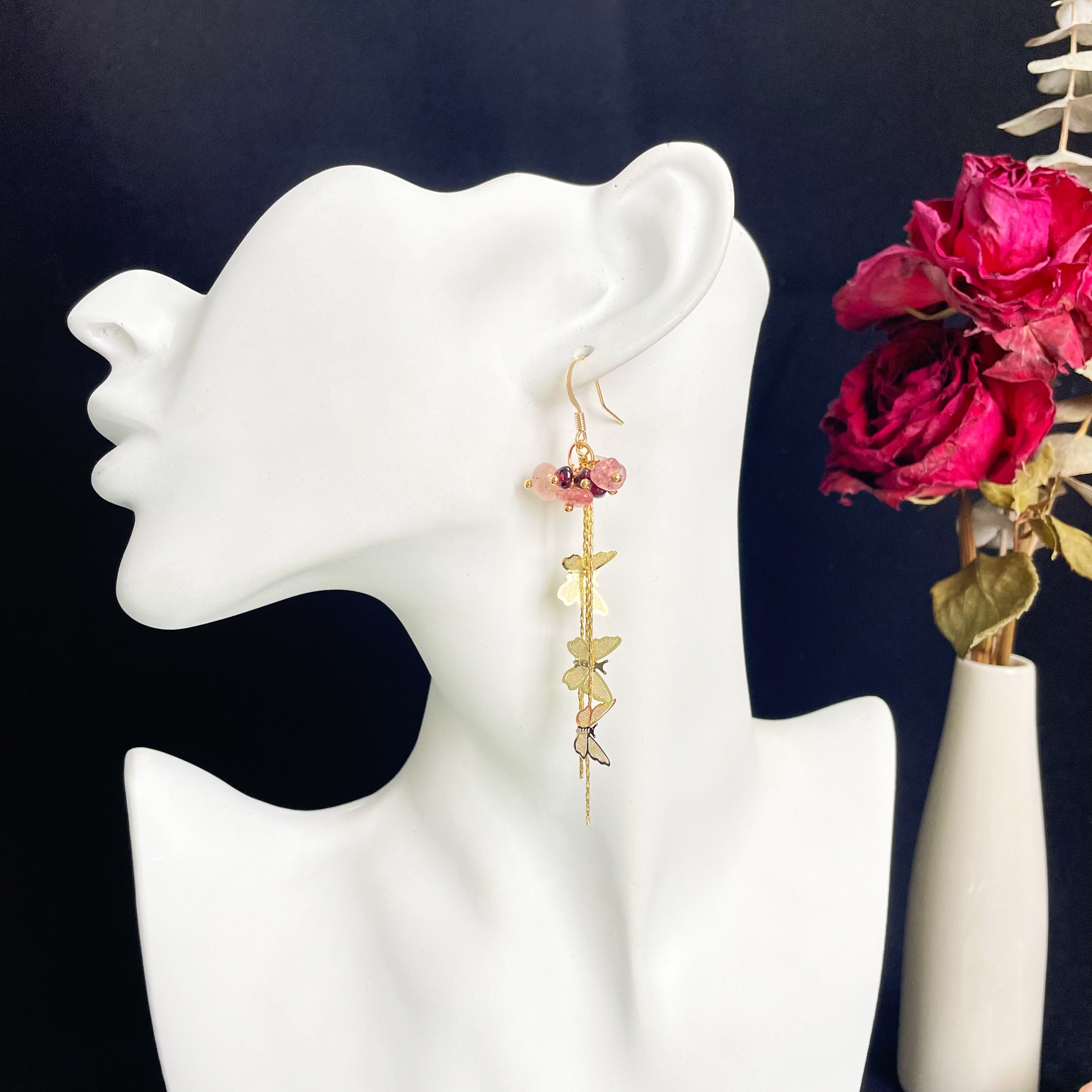 Enchanted Garden Earrings Pink Gemstone Flower with Gold Butterfly Tassels