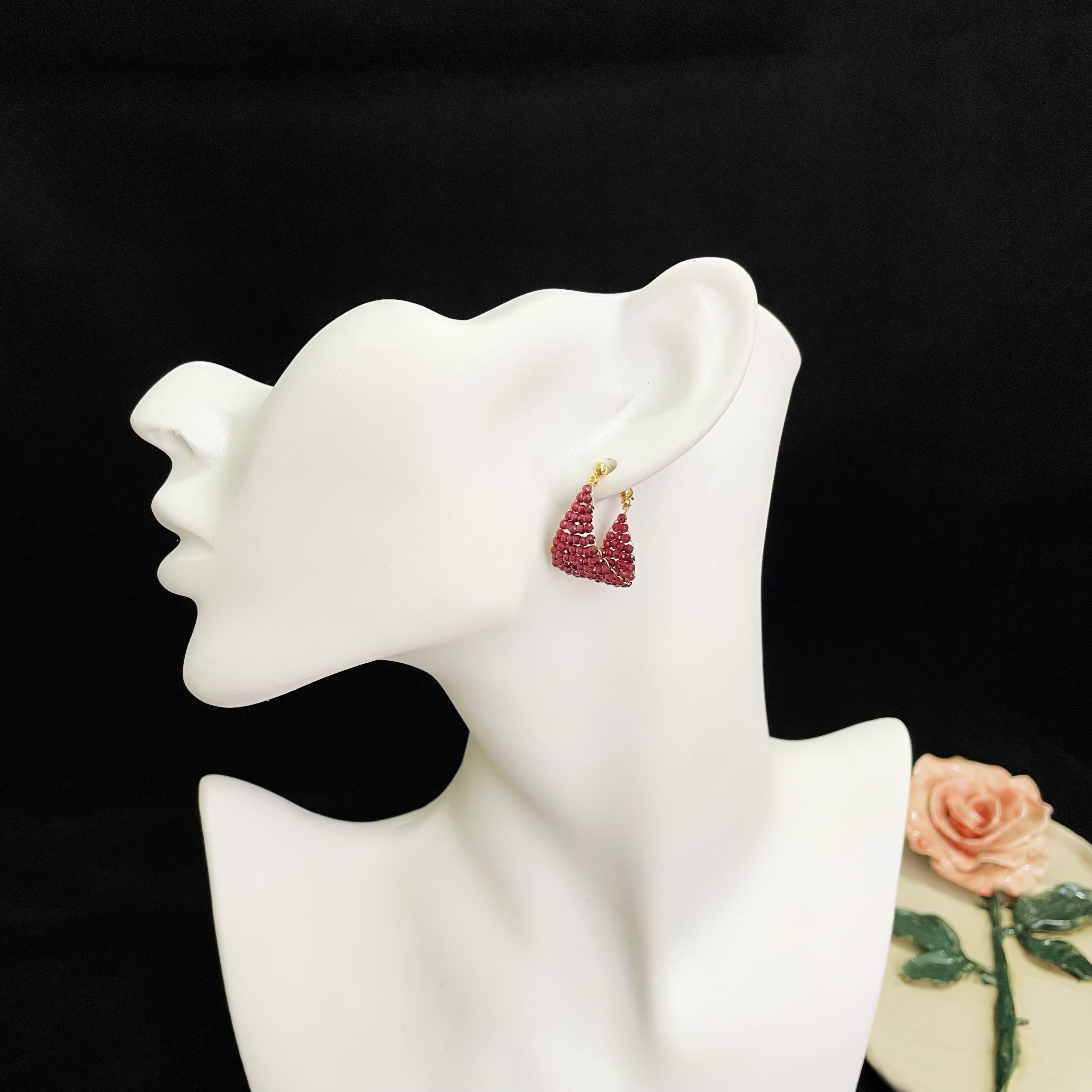 Wine Red Garnet Woven Boat Dangle Earrings