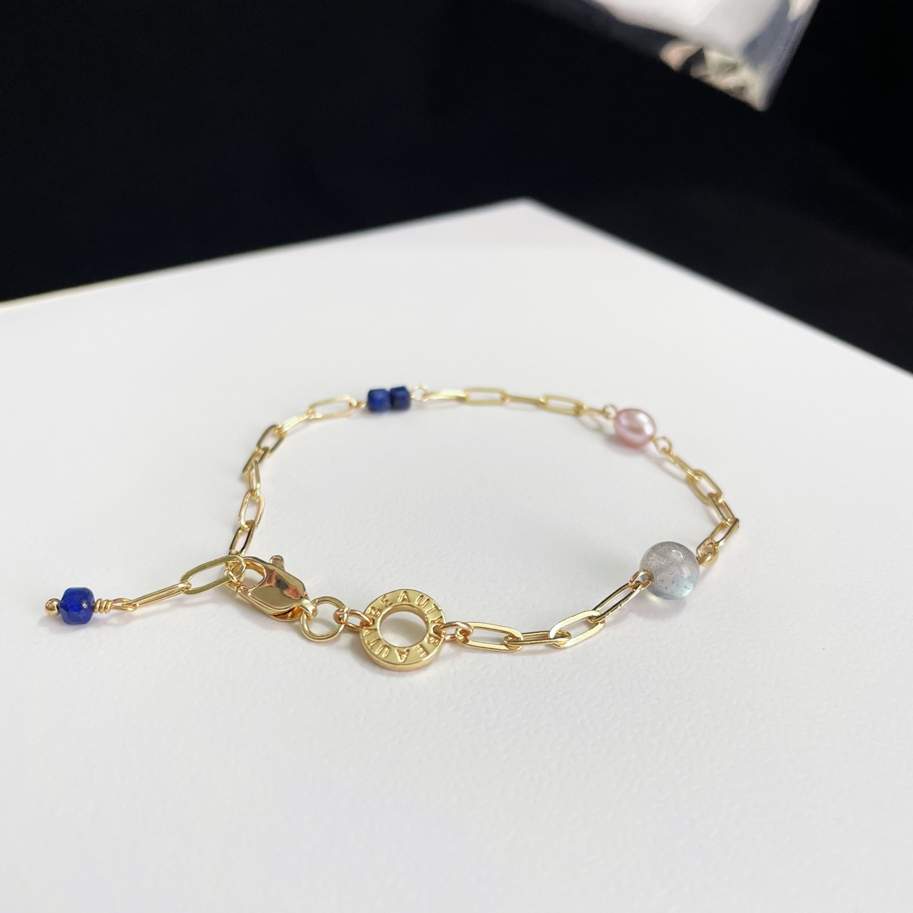 Labradorite, Lilac Purple Pearl, Lapis Lazuli, and 14k Gold-Plated Rectangle Chain Bracelet