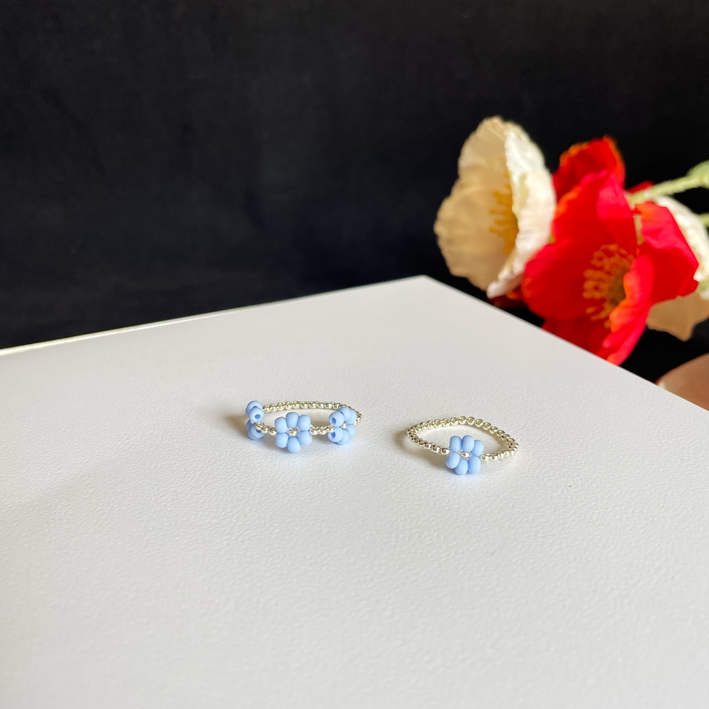 Creamy Blue Beaded Flower Ring