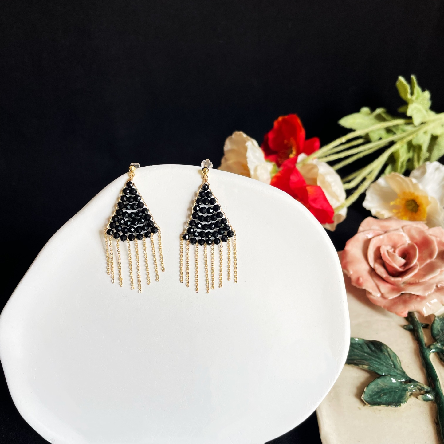 Black Spinel Faced Beads Woven Triangle Earrings with Gold Chain Tassels