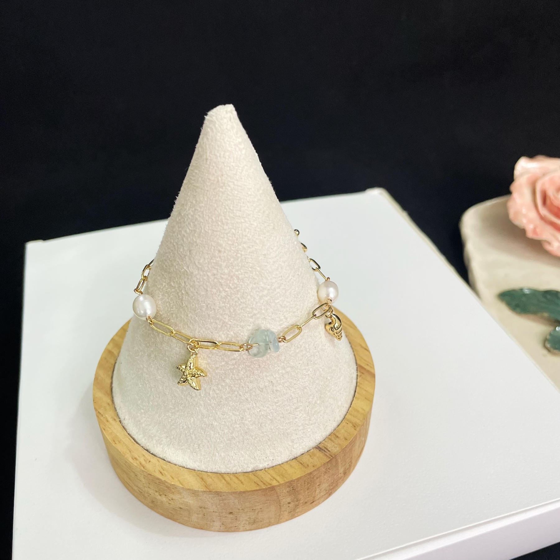 Marine Style Charm Bracelet with Paperclip Chain, Pearls, Aquamarine Beads, and Marine Organism Pendants