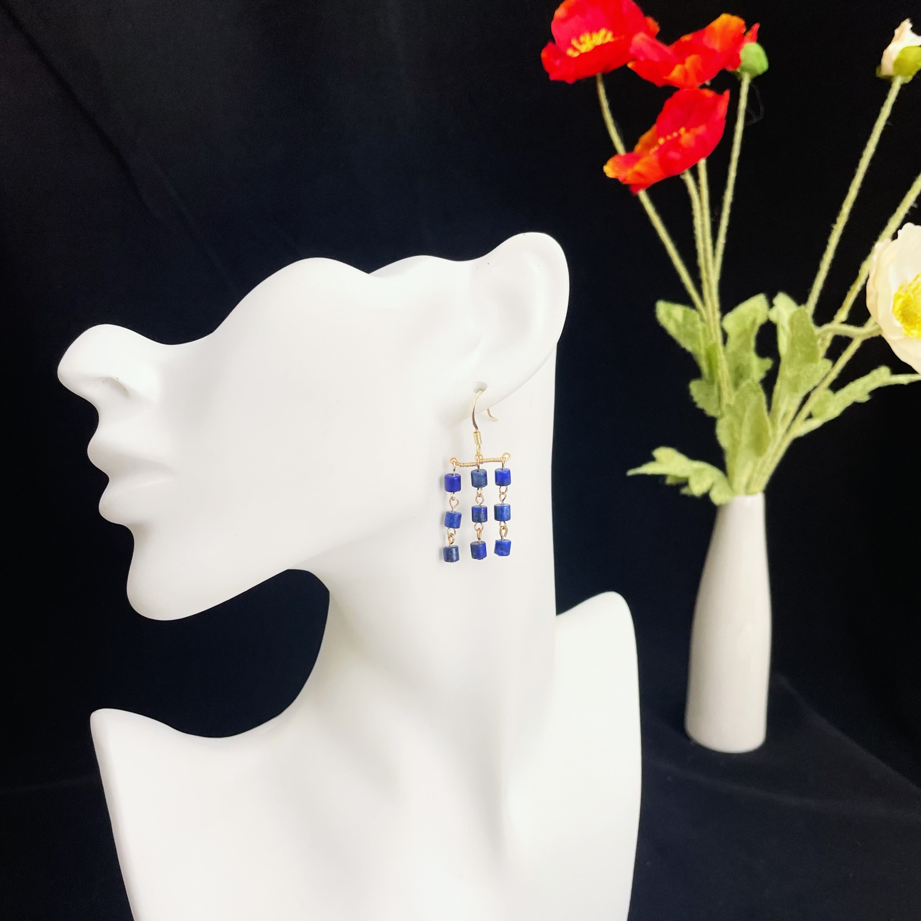  Triple Lapis Lazuli Tassel Earrings - Elegant Dark Blue Rain Design