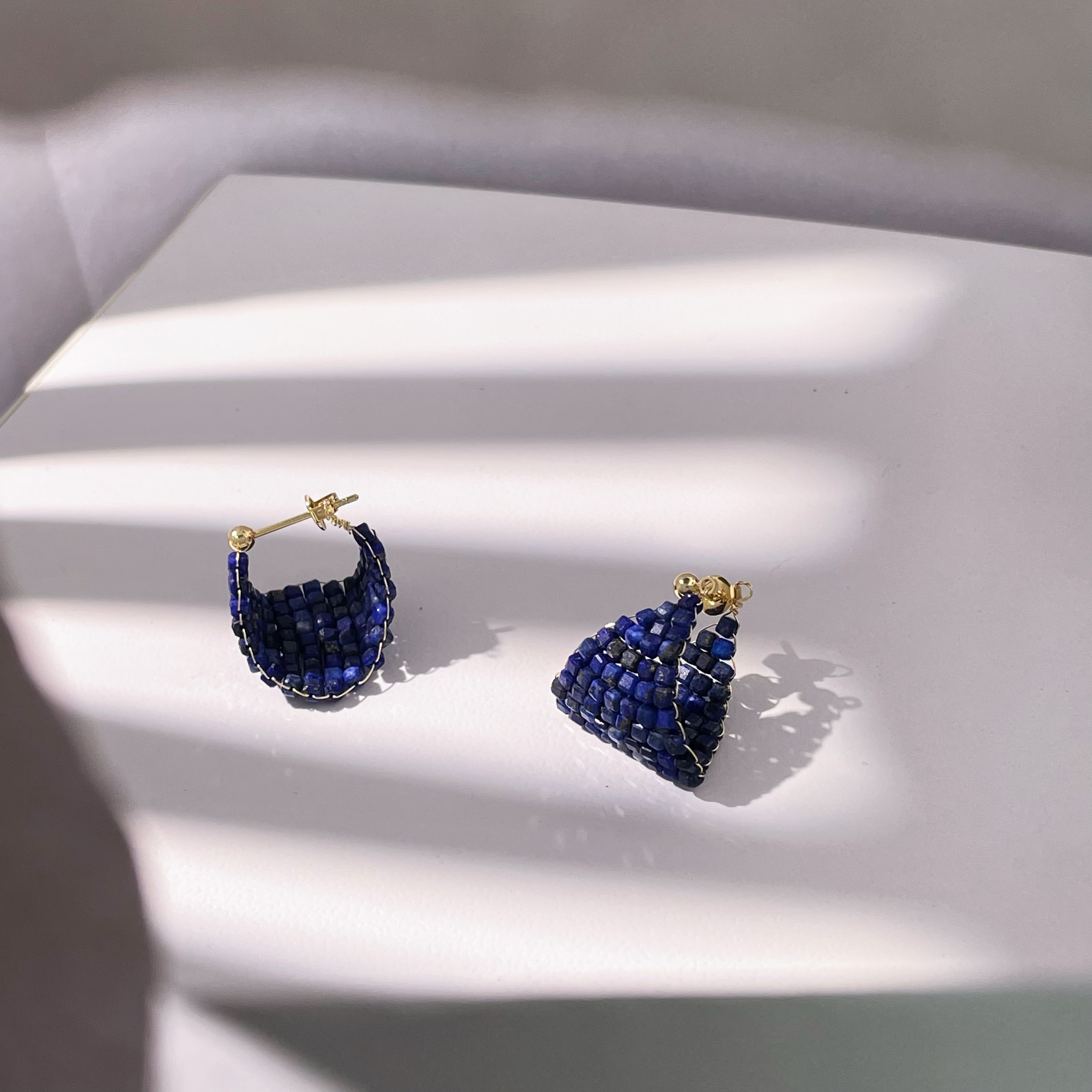Woven Lapis Lazuli Earrings Dark Blue Boat in the Milky Way