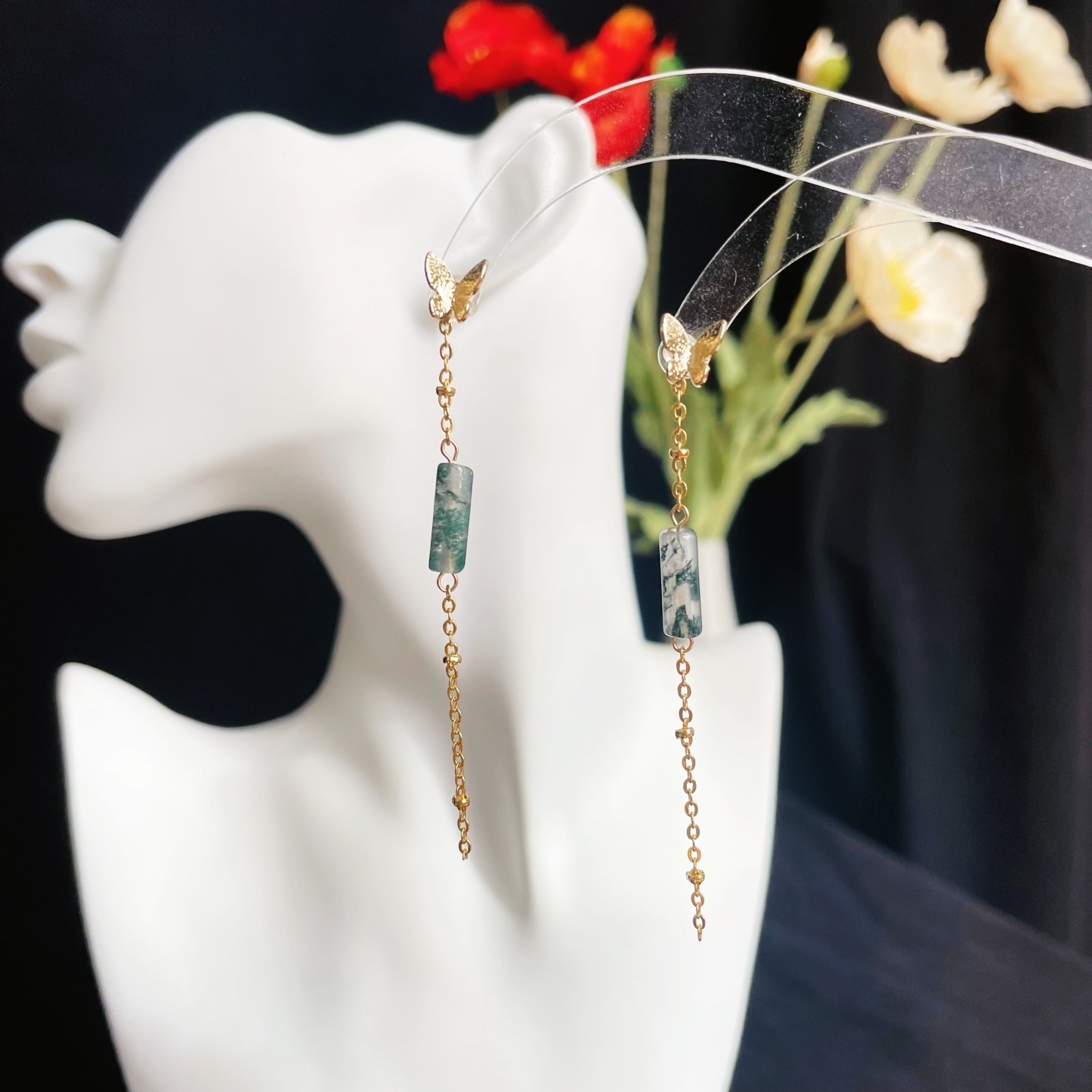 Exquisite Moss Agate Long Earrings with Gold Butterfly and Chain
