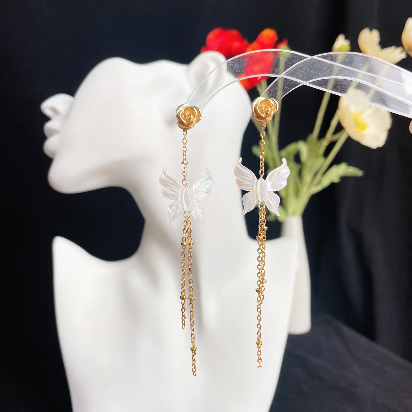 Elegant Mother-of-Pearl Butterfly Earrings with Gold Rose and Chain Tassel