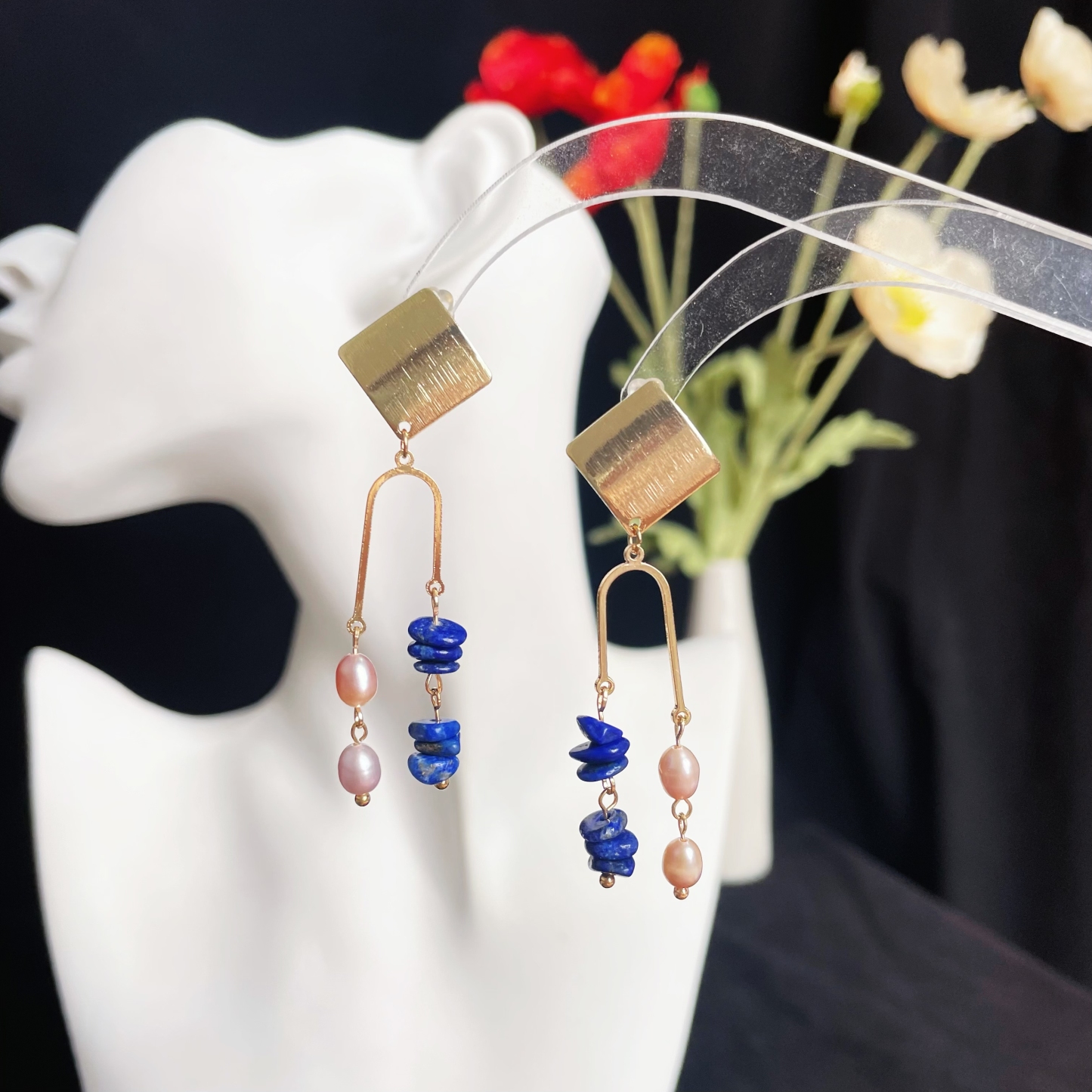Stunning Lilac Pearls and Lapis Lazuli Earrings with Gold Diamond Square