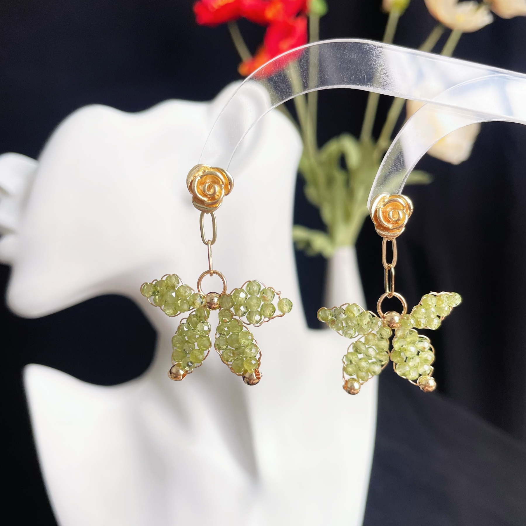 Stunning Peridot Butterfly Earrings with Gold Rose Drop Earrings