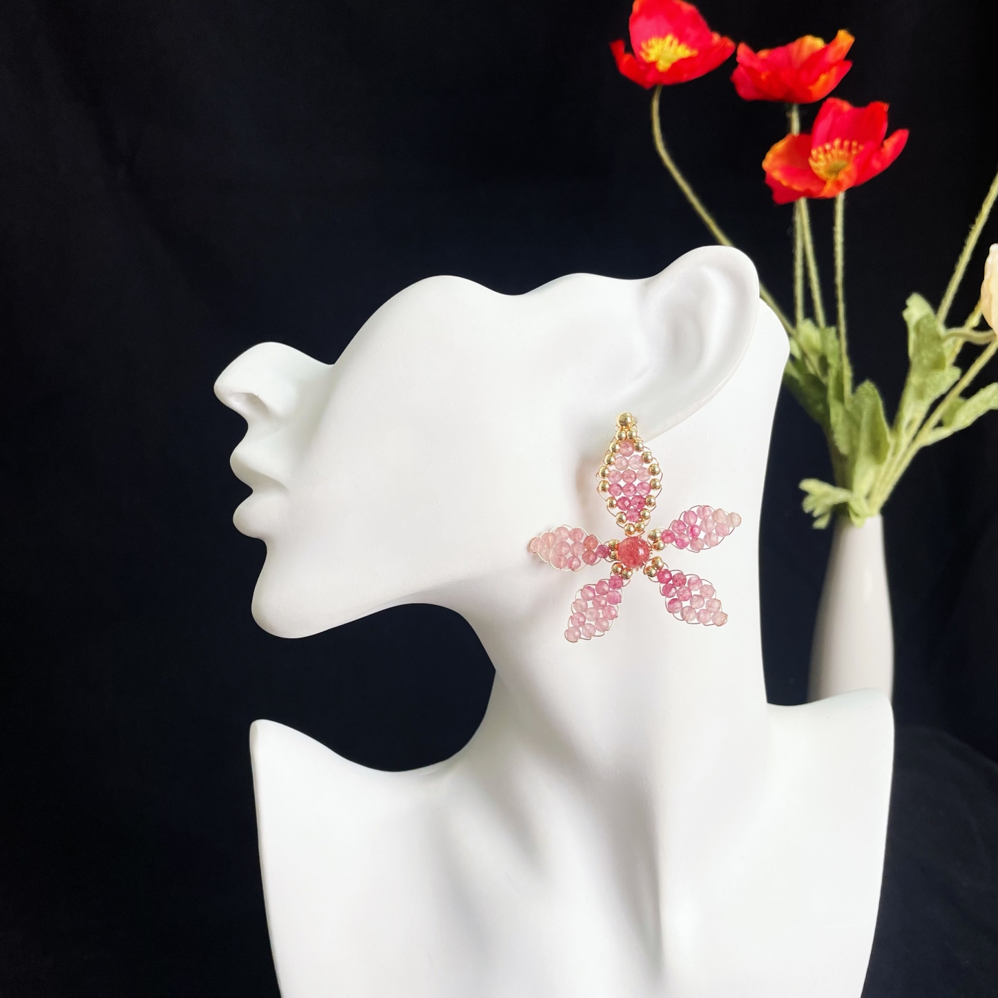 Elegant Peach Blossom-Inspired Strawberry Quartz Flower Earrings