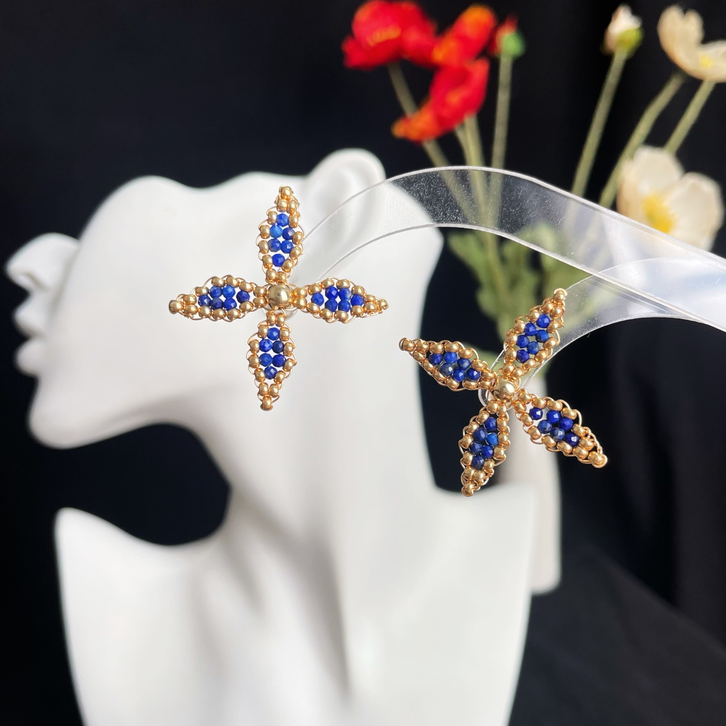 Blue and Gold Exquisite Lapis Lazuli Four Petals Flower Ear Studs 